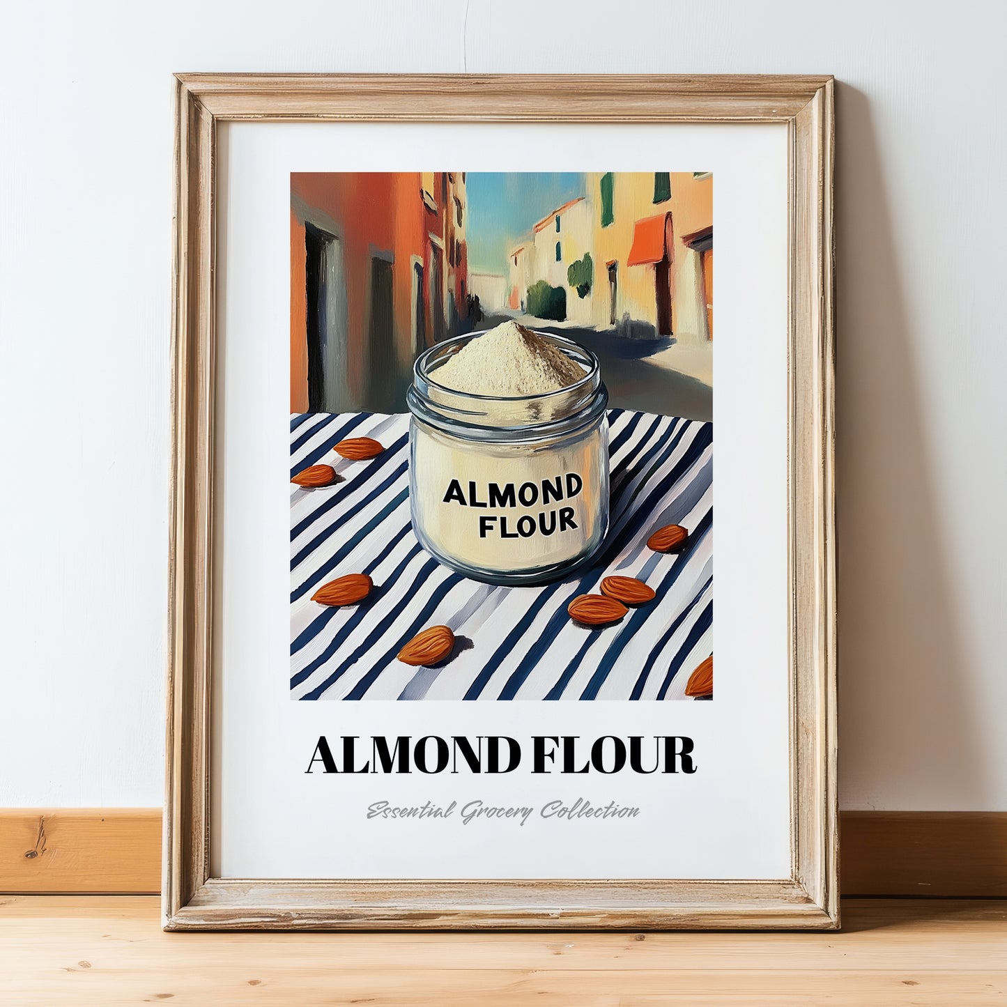 Almond Flour – Italian Urban Café Scene, Dough Wall Art, in wooden frame leaning on the floor