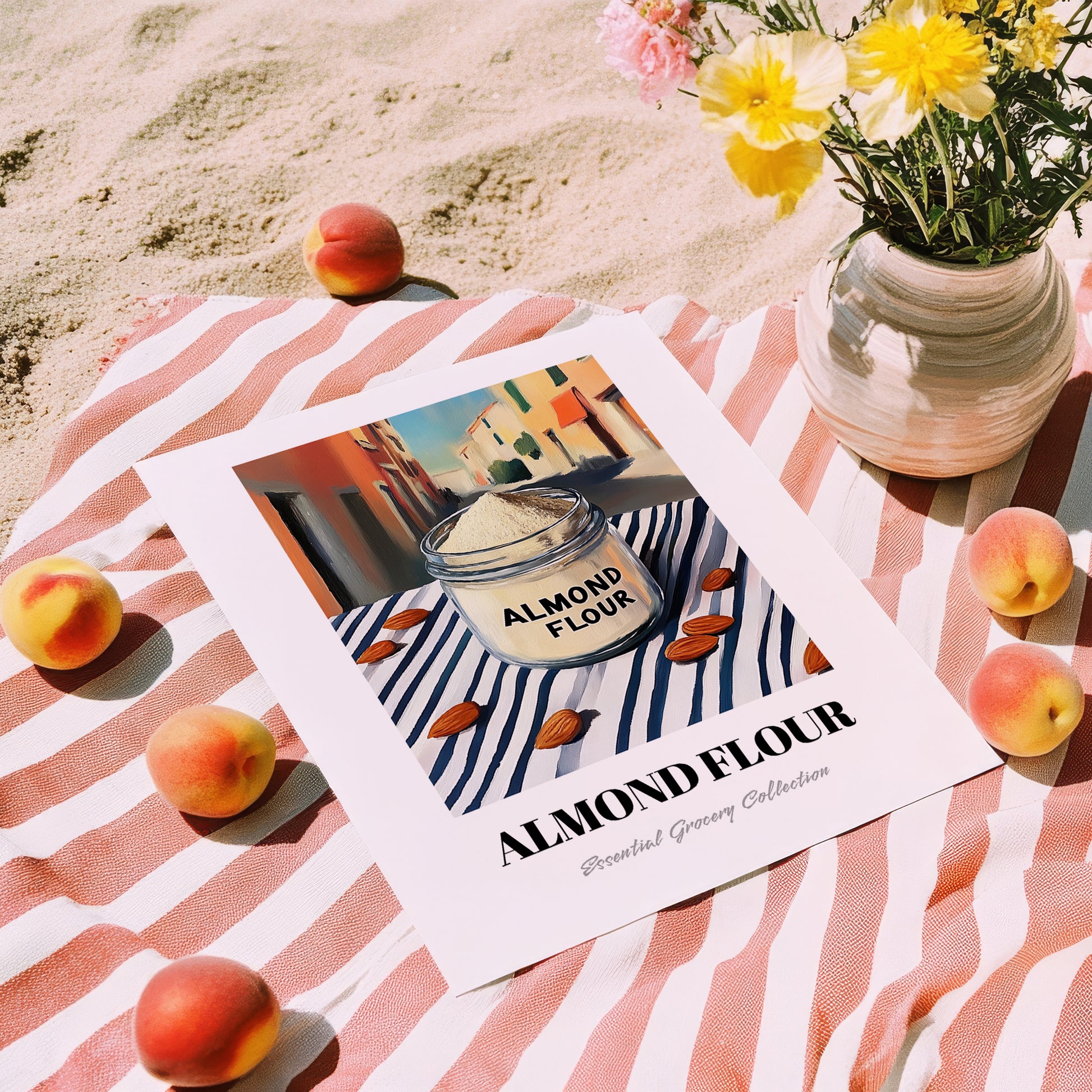 Almond Flour – Italian Urban Café Scene, Dough Wall Art, unframed on coastal sand
