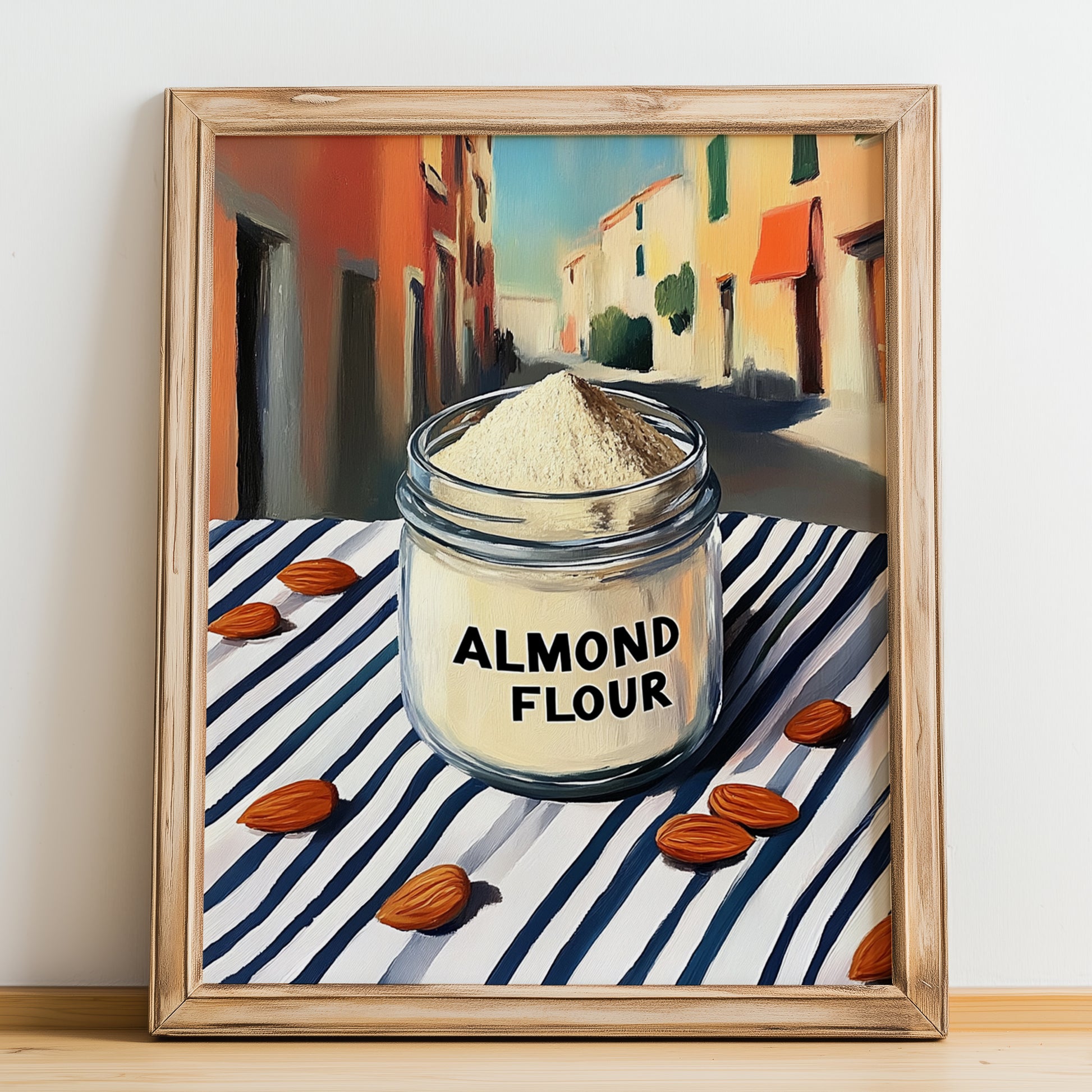 Almond Flour – Italian Urban Café Scene, Dough Wall Art, no-text version framed in wood