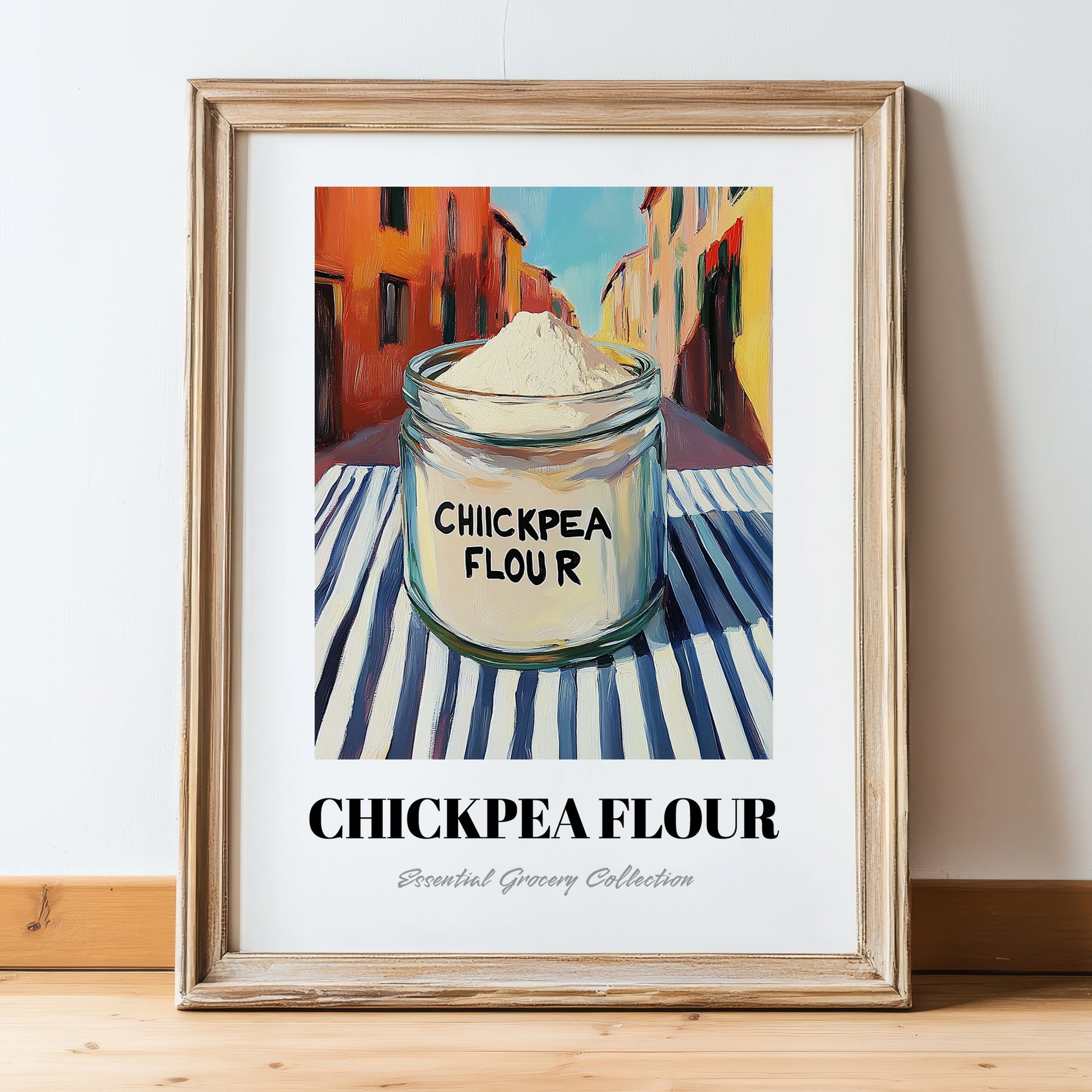 Chickpea Flour – Italian Café on the Corner, Dough Illustration, in wooden frame leaning on the floor