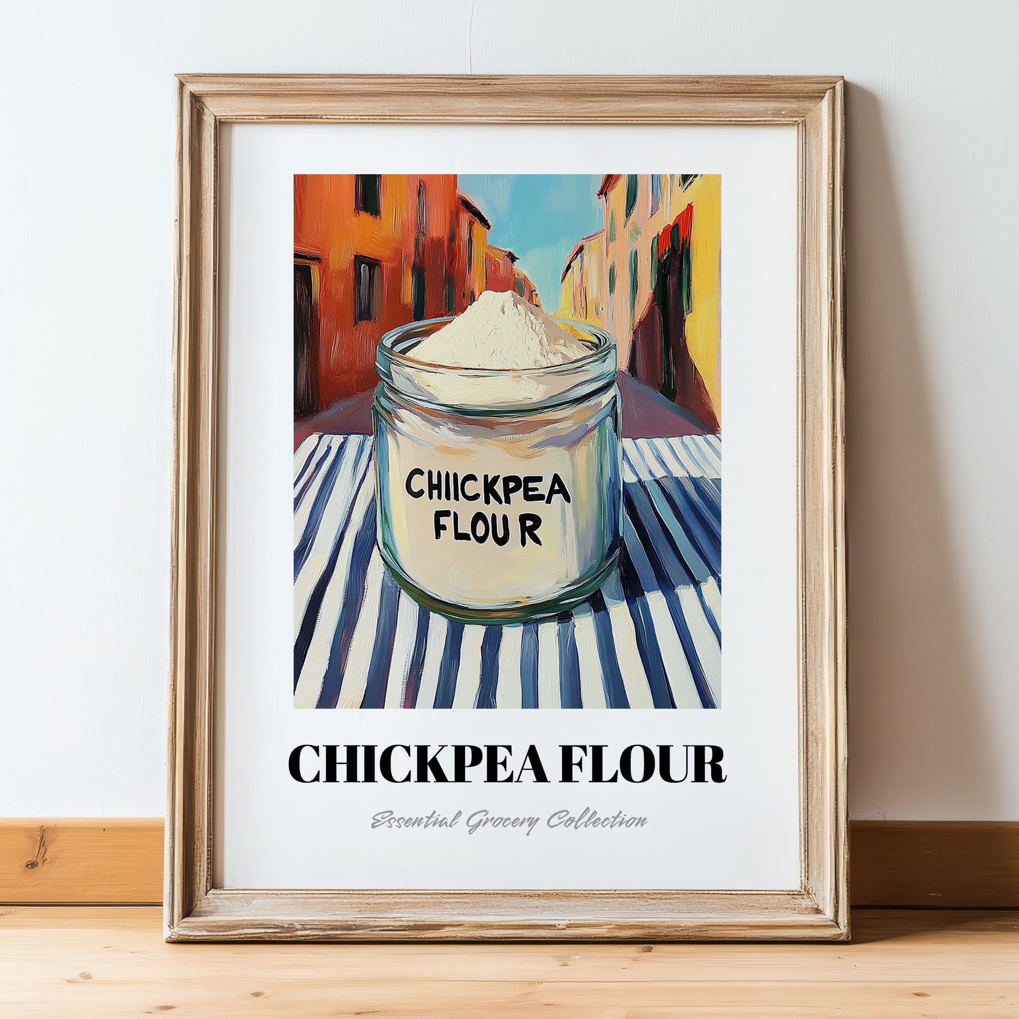 Chickpea Flour – Italian Café on the Corner, Dough Illustration, in wooden frame leaning on the floor