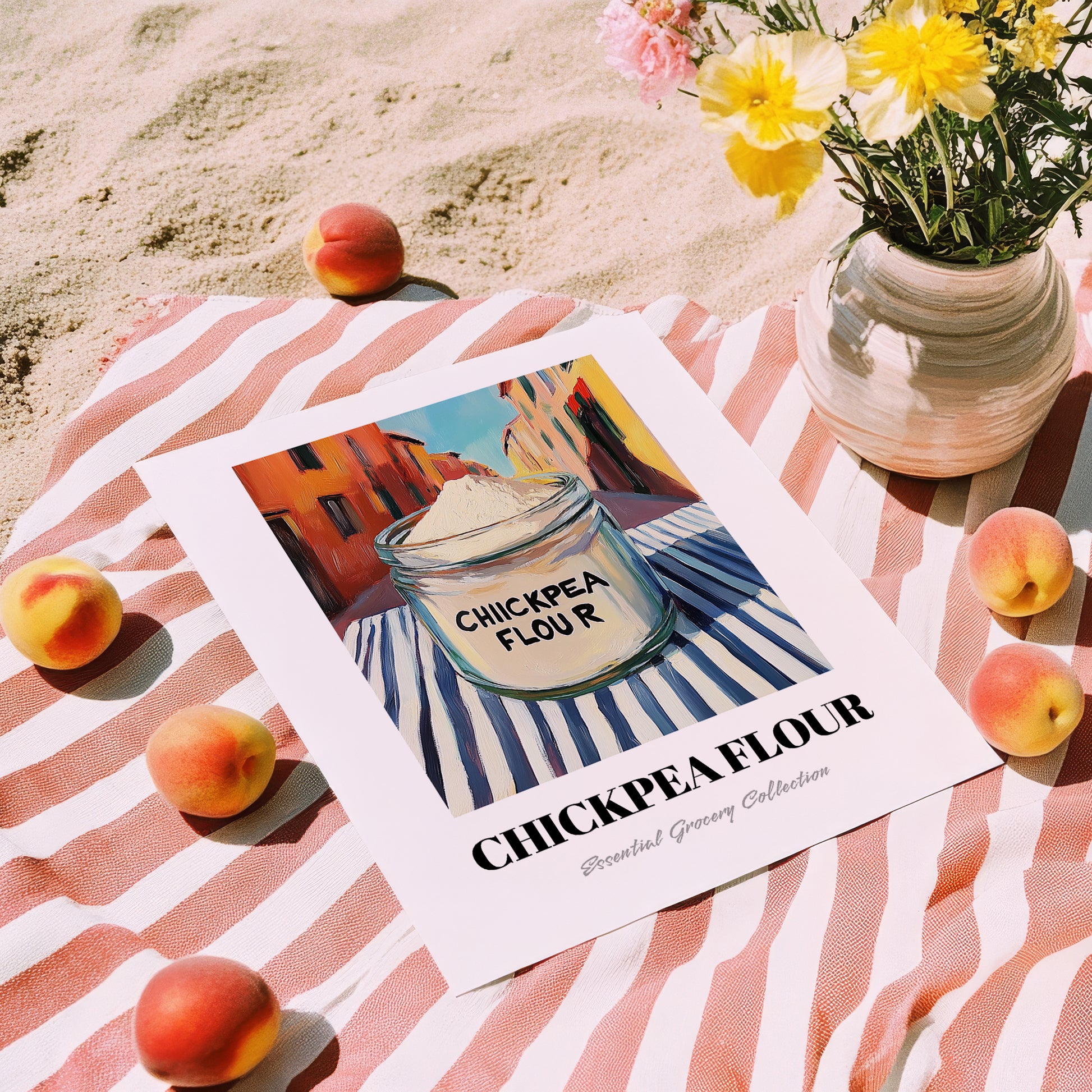 Chickpea Flour – Italian Café on the Corner, Dough Illustration, unframed on coastal sand
