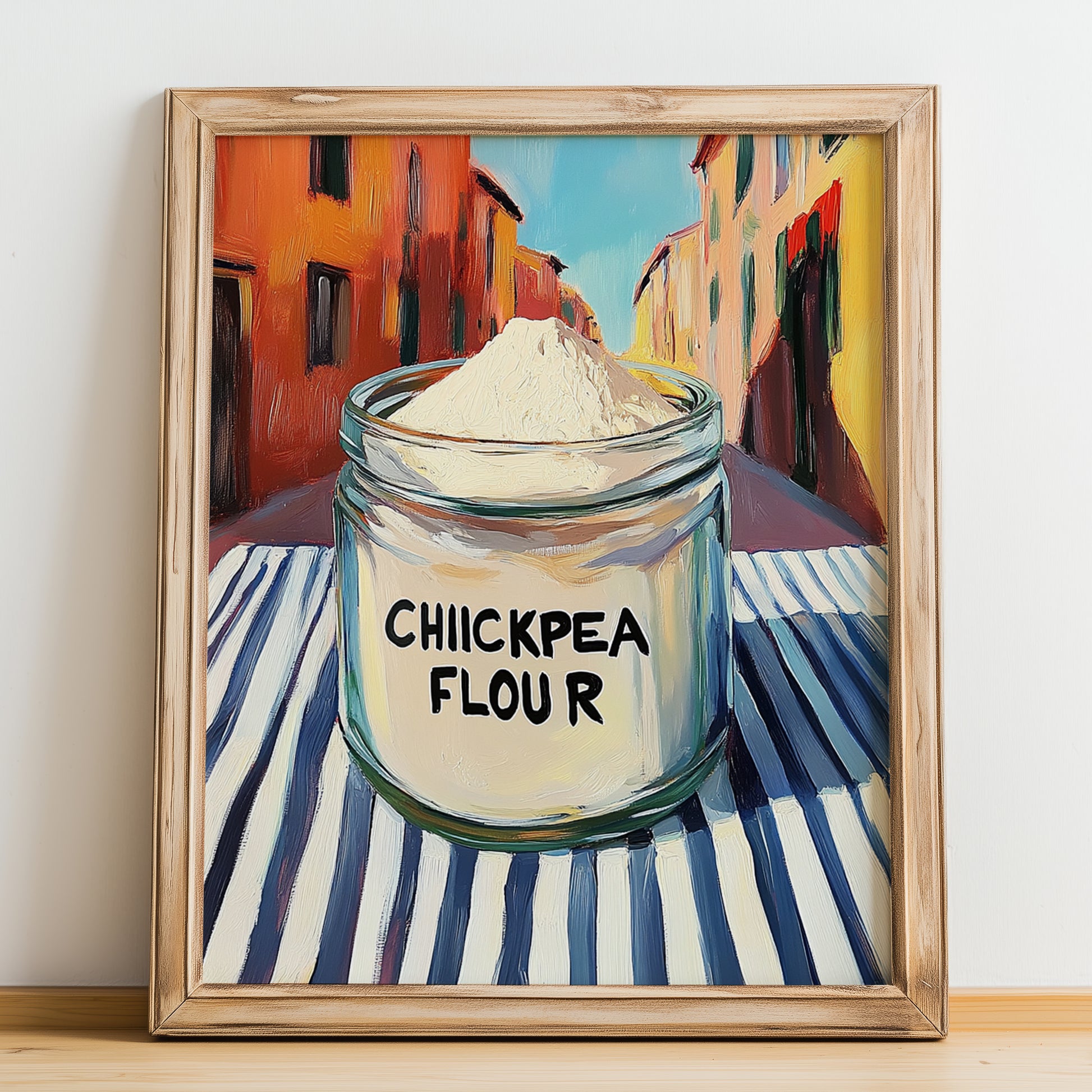 Chickpea Flour – Italian Café on the Corner, Dough Illustration, no-text version framed in wood