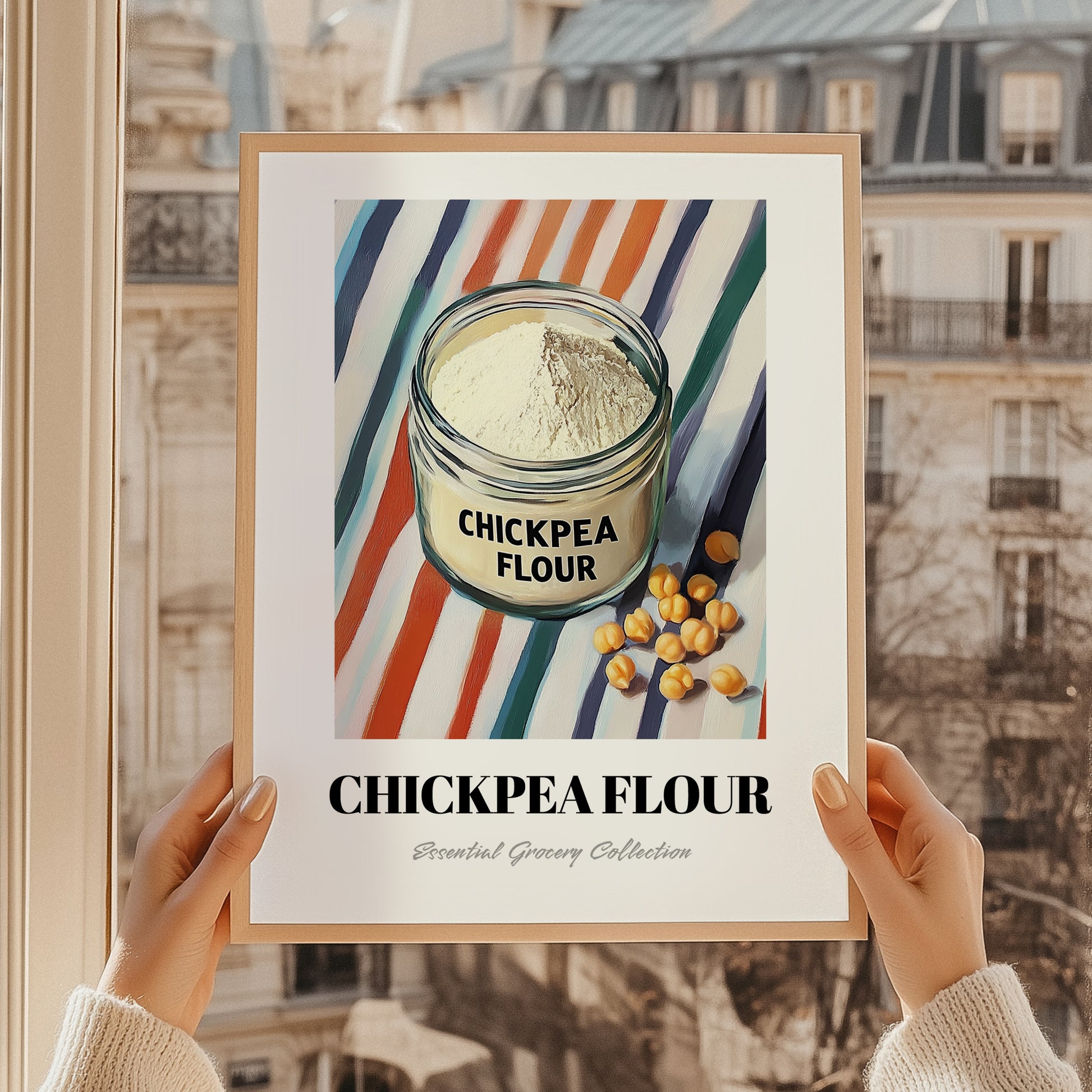 Chickpea Flour – on Striped Tablecloth, Dough Still Life, styled in a charming Paris street view