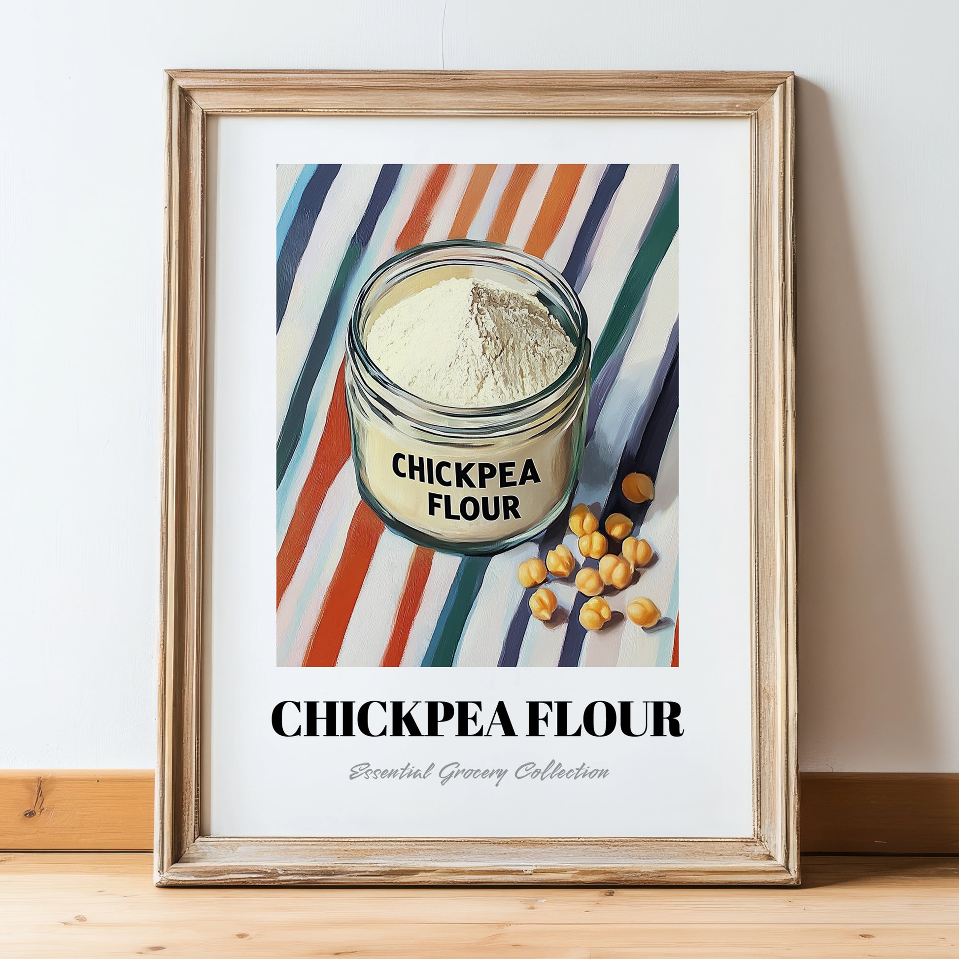 Chickpea Flour – on Striped Tablecloth, Dough Still Life, in wooden frame leaning on the floor