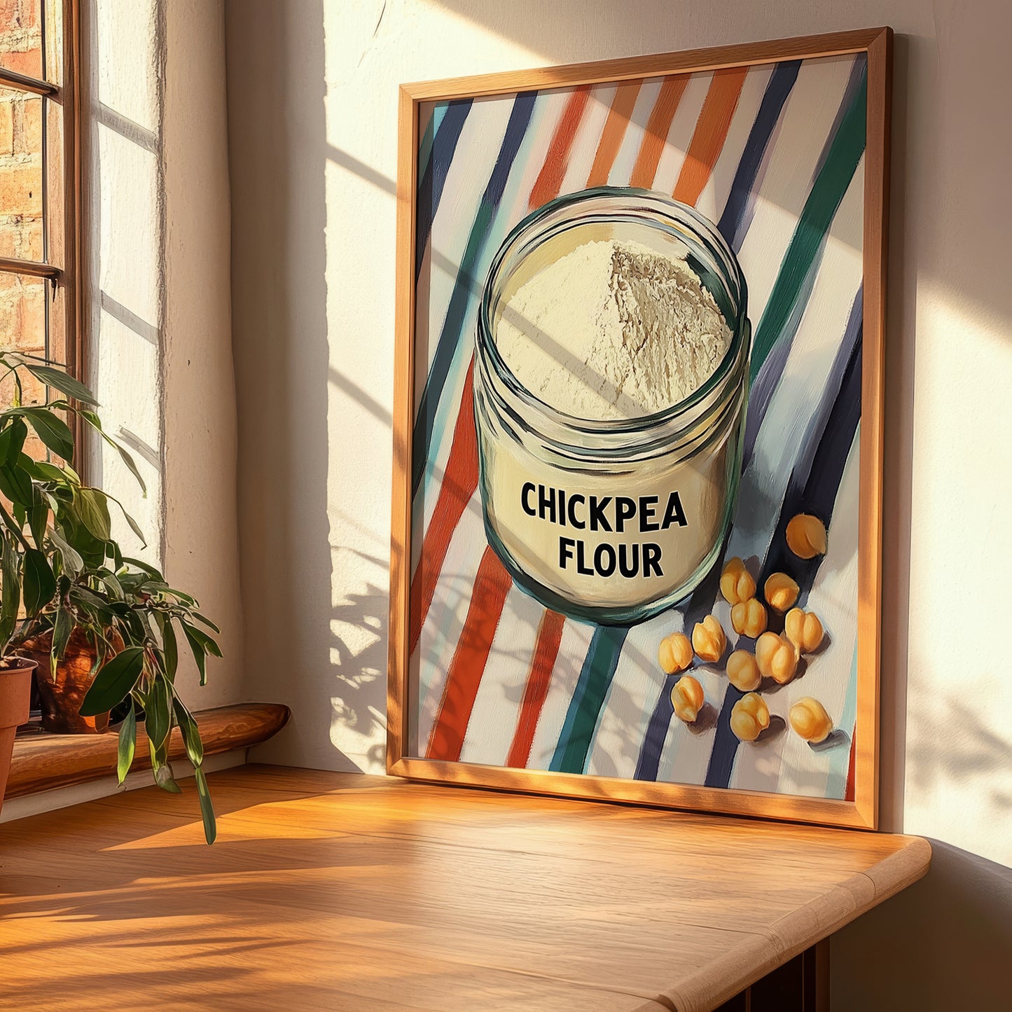 Chickpea Flour – on Striped Tablecloth, Dough Still Life, clean layout with no caption