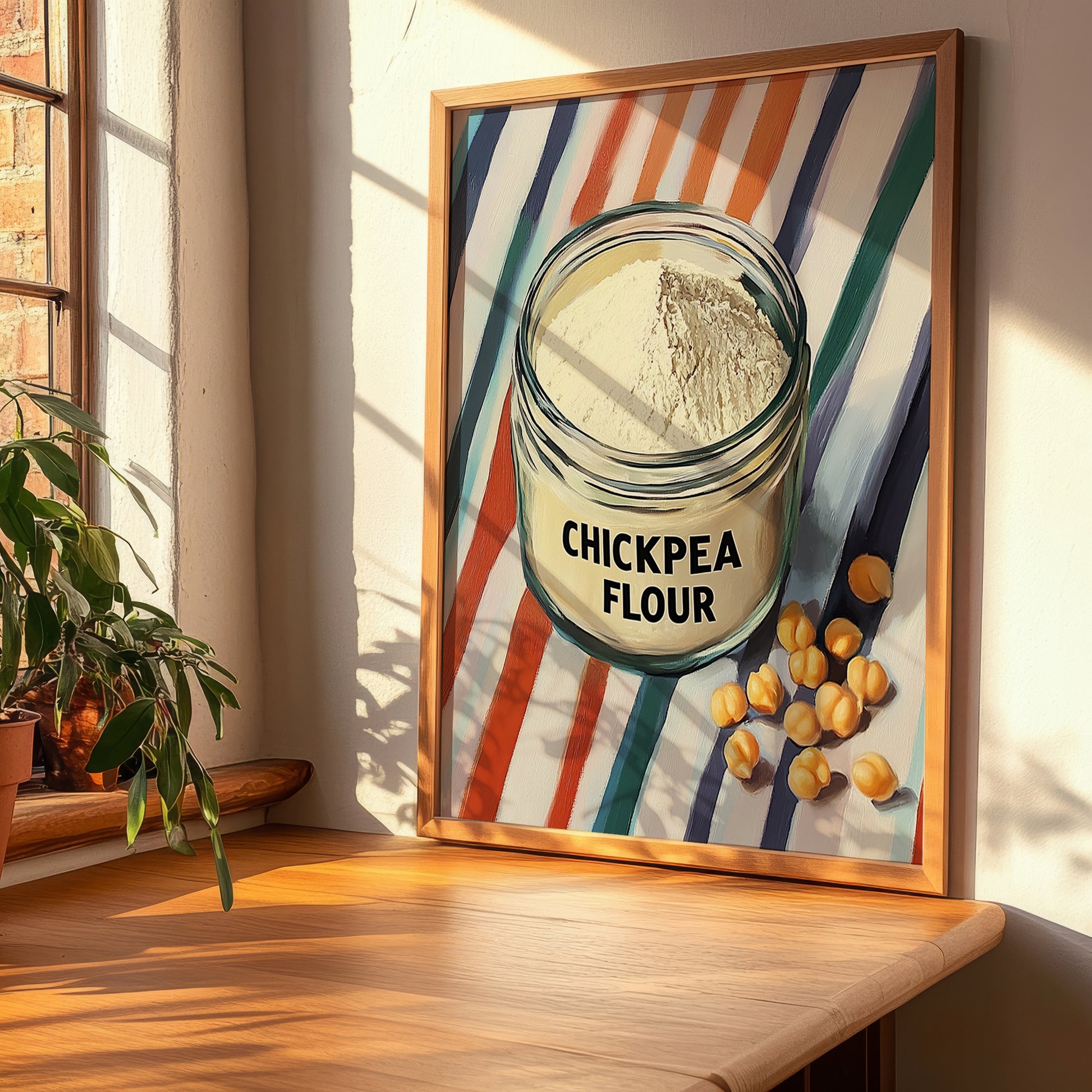 Chickpea Flour – on Striped Tablecloth, Dough Still Life, clean layout with no caption