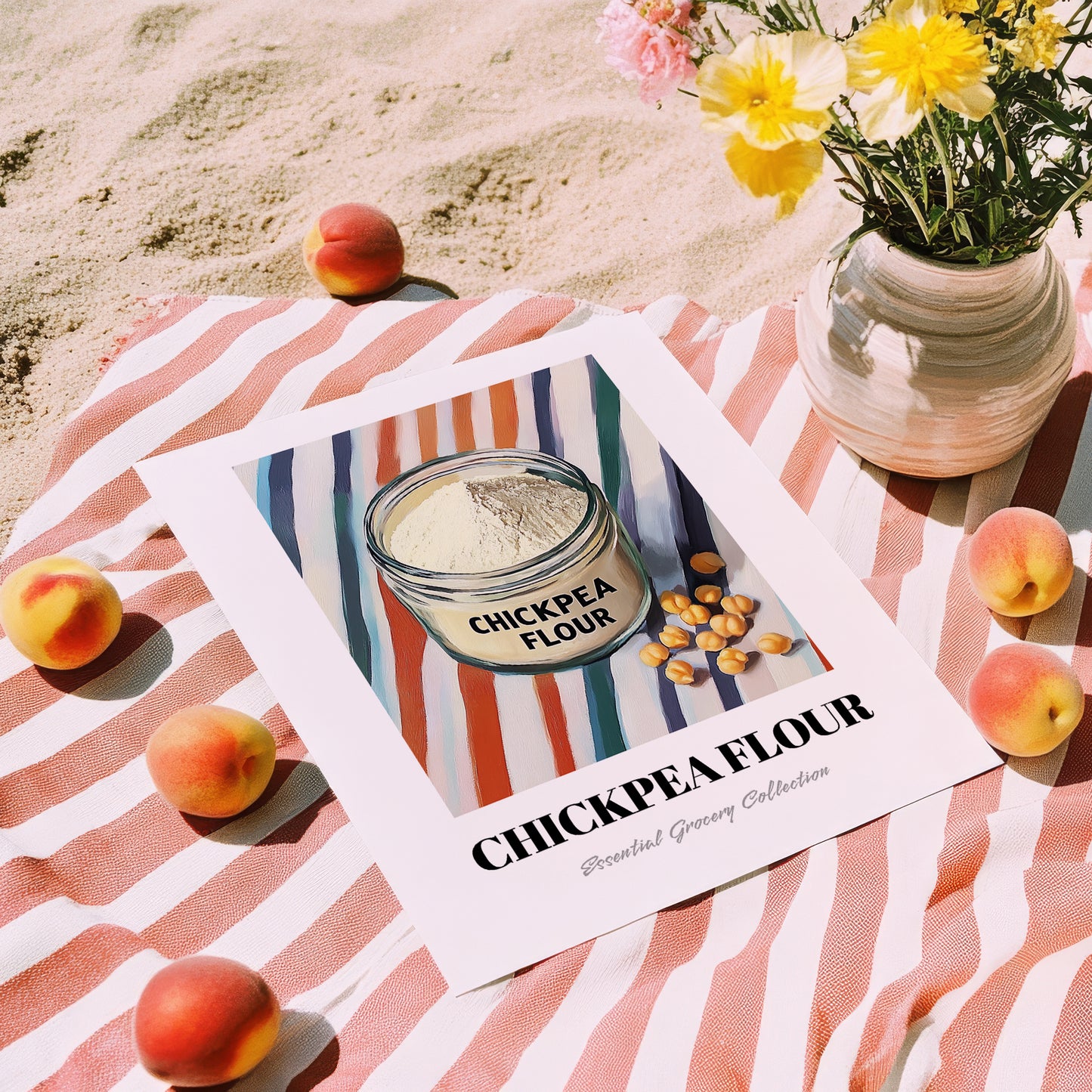 Chickpea Flour – on Striped Tablecloth, Dough Still Life, unframed on coastal sand