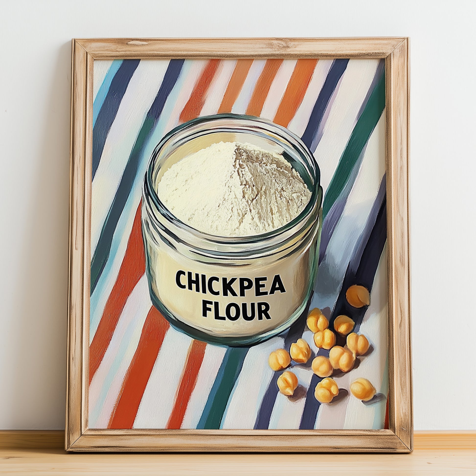 Chickpea Flour – on Striped Tablecloth, Dough Still Life, no-text version framed in wood