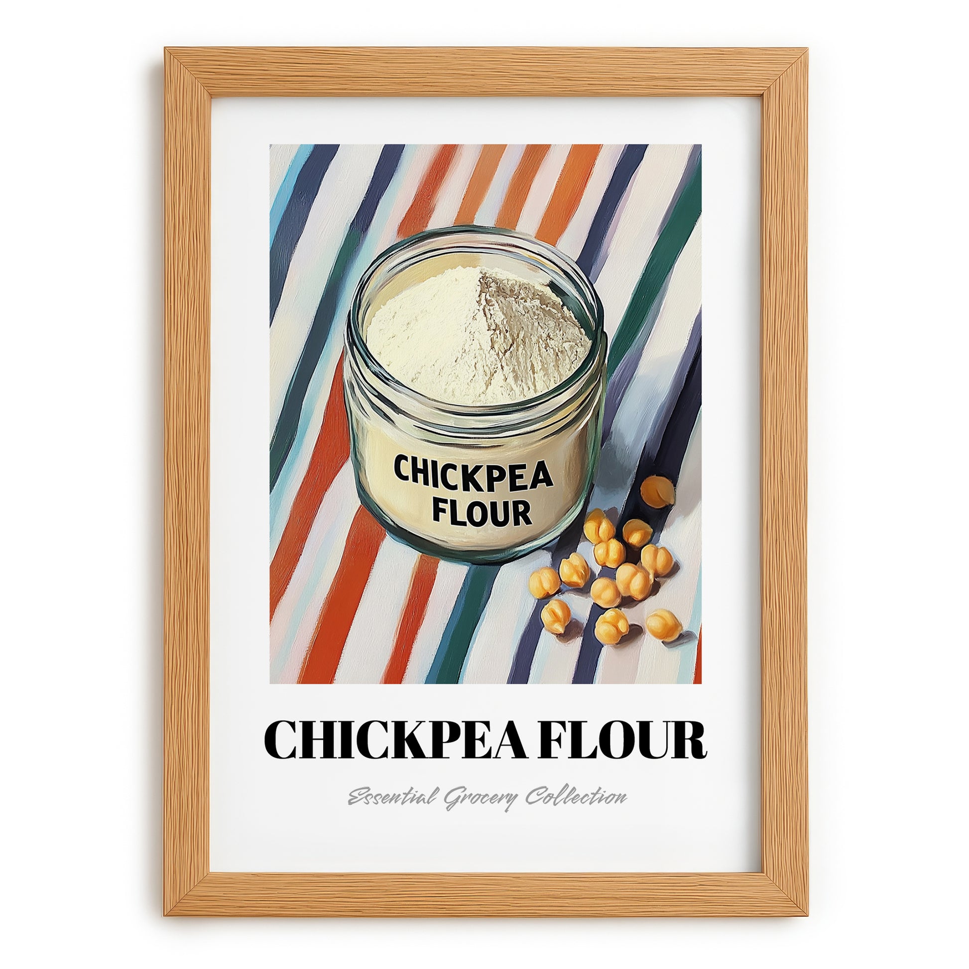 Chickpea Flour – on Striped Tablecloth, Dough Still Life, set in oak frame