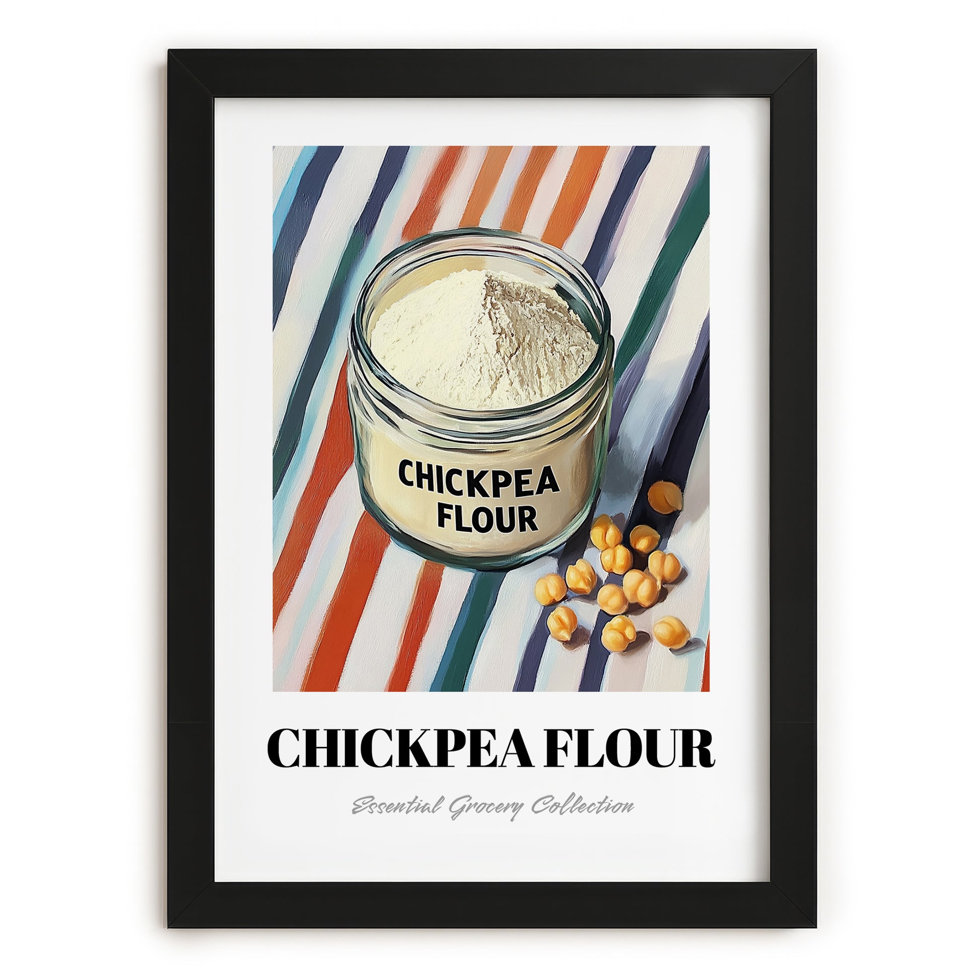 Chickpea Flour – on Striped Tablecloth, Dough Still Life, in sleek black frame
