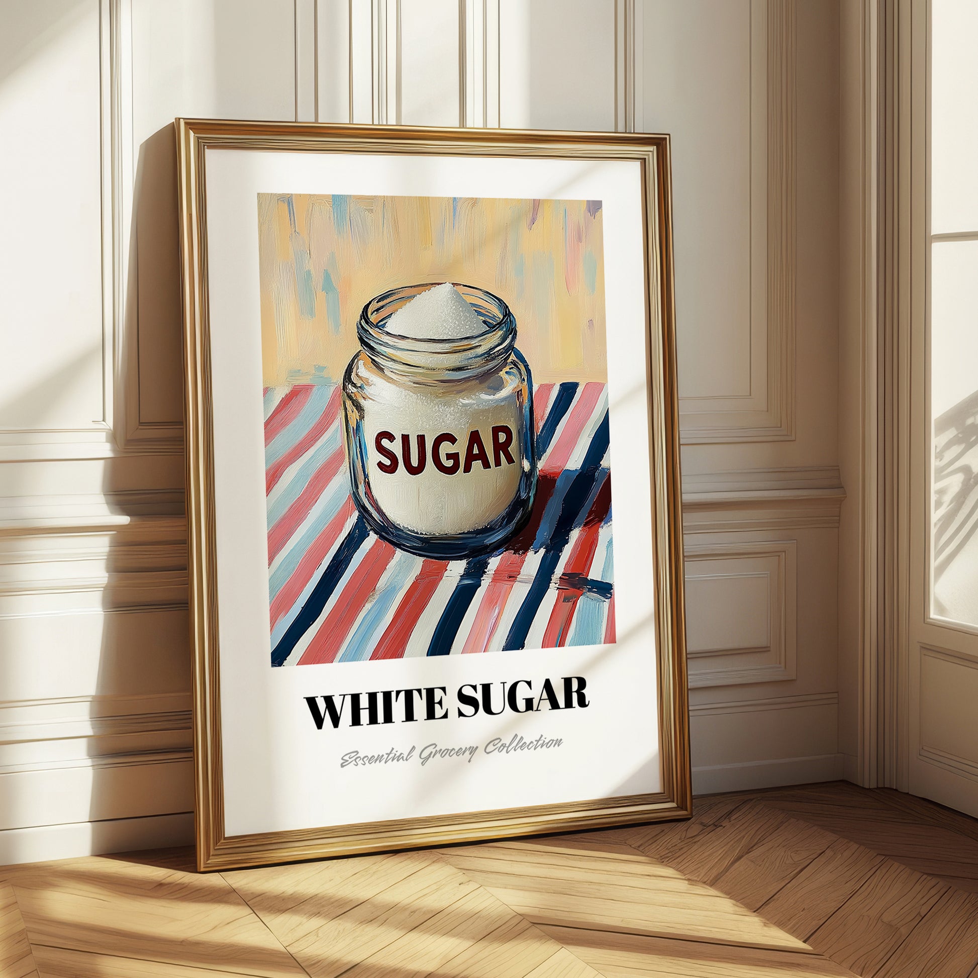 White Sugar – on Striped Tablecloth, Sweetener Still Life