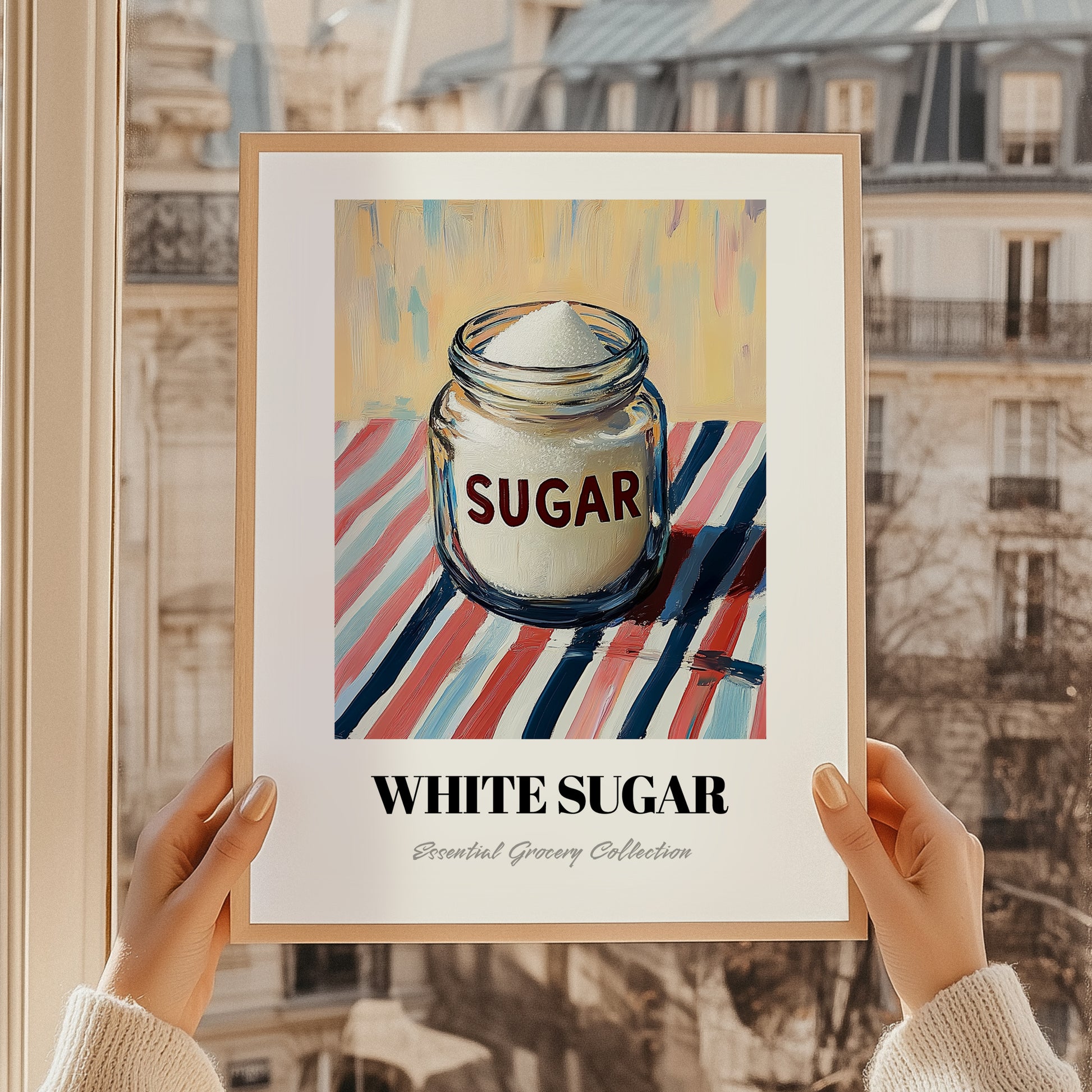 White Sugar – on Striped Tablecloth, Sweetener Still Life, styled in a charming Paris street view