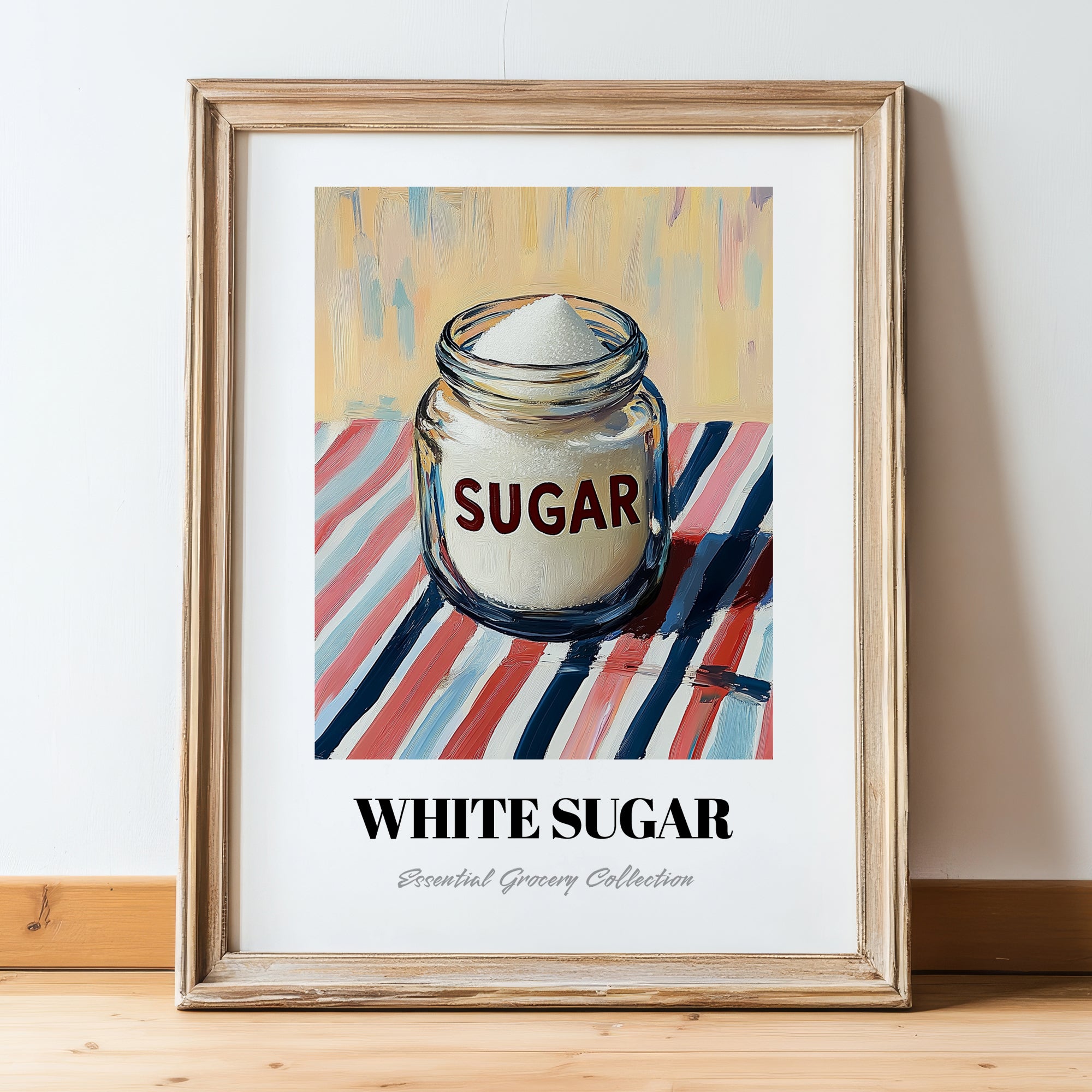 White Sugar – on Striped Tablecloth, Sweetener Still Life, in wooden frame leaning on the floor