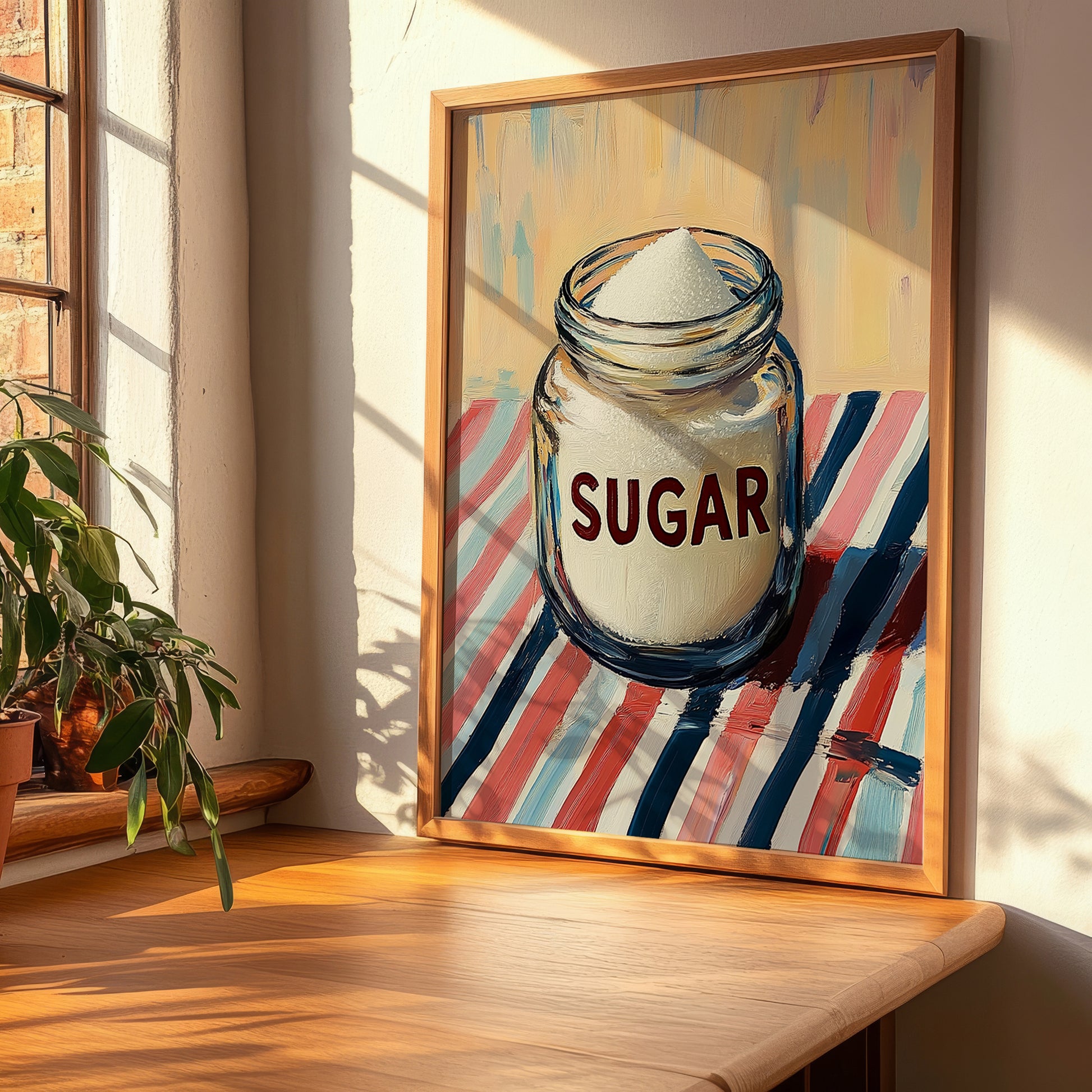 White Sugar – on Striped Tablecloth, Sweetener Still Life, clean layout with no caption