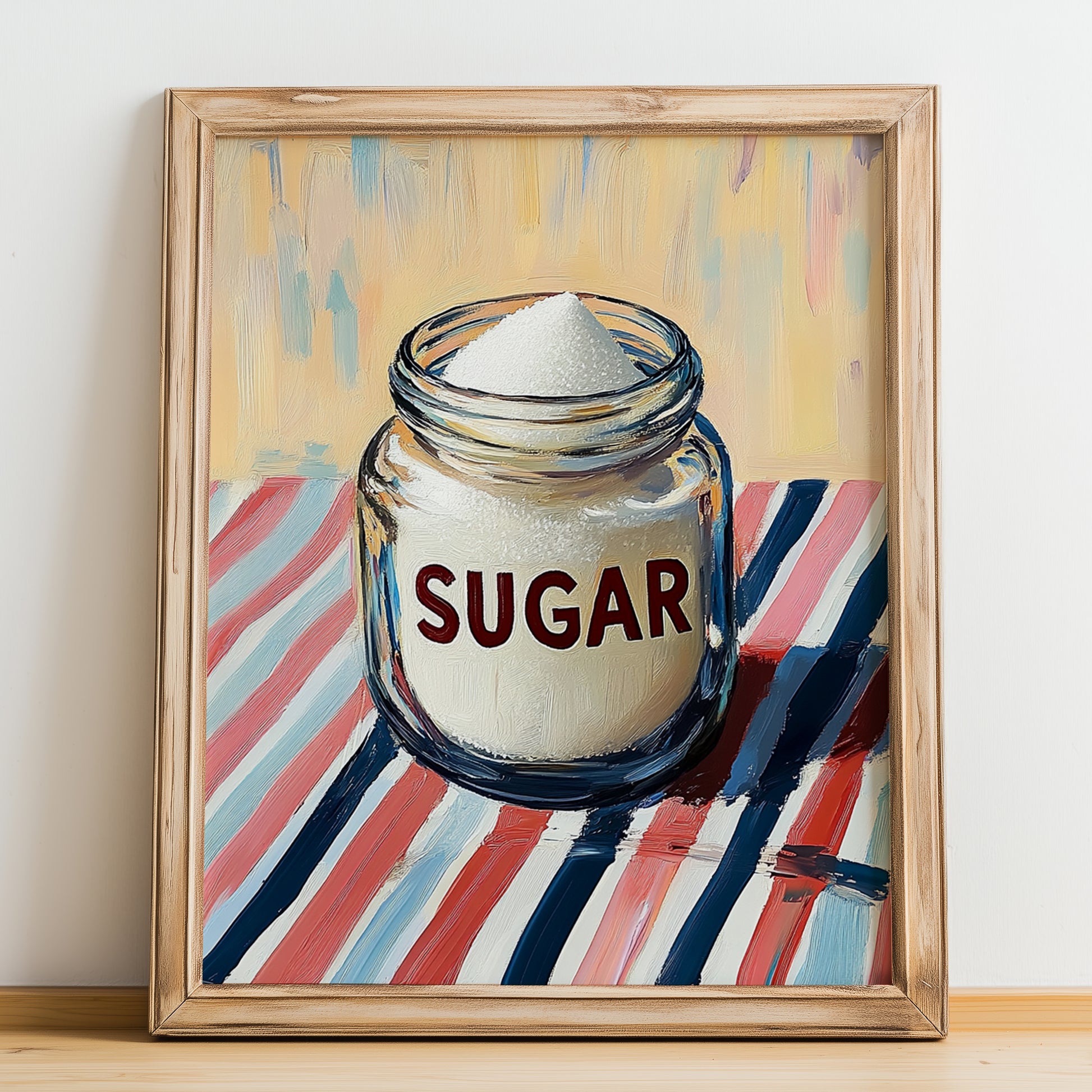 White Sugar – on Striped Tablecloth, Sweetener Still Life, no-text version framed in wood