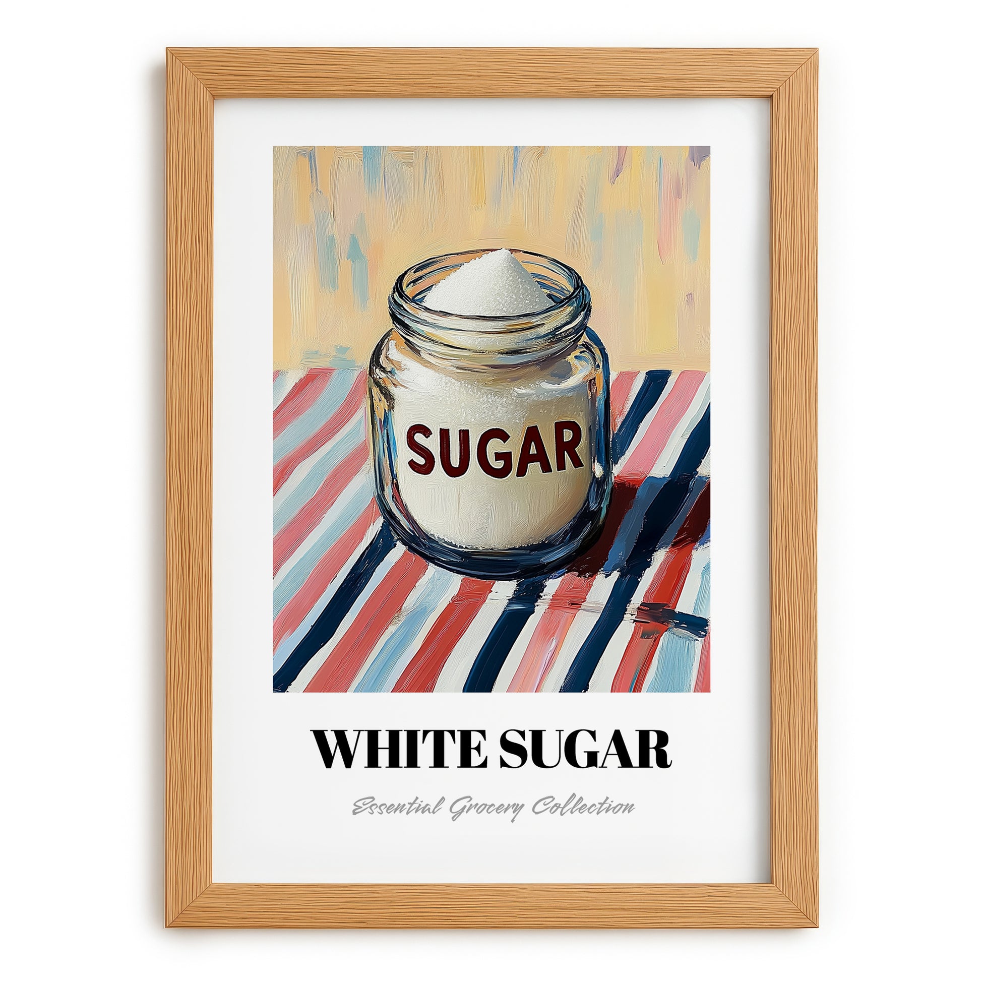 White Sugar – on Striped Tablecloth, Sweetener Still Life, set in oak frame