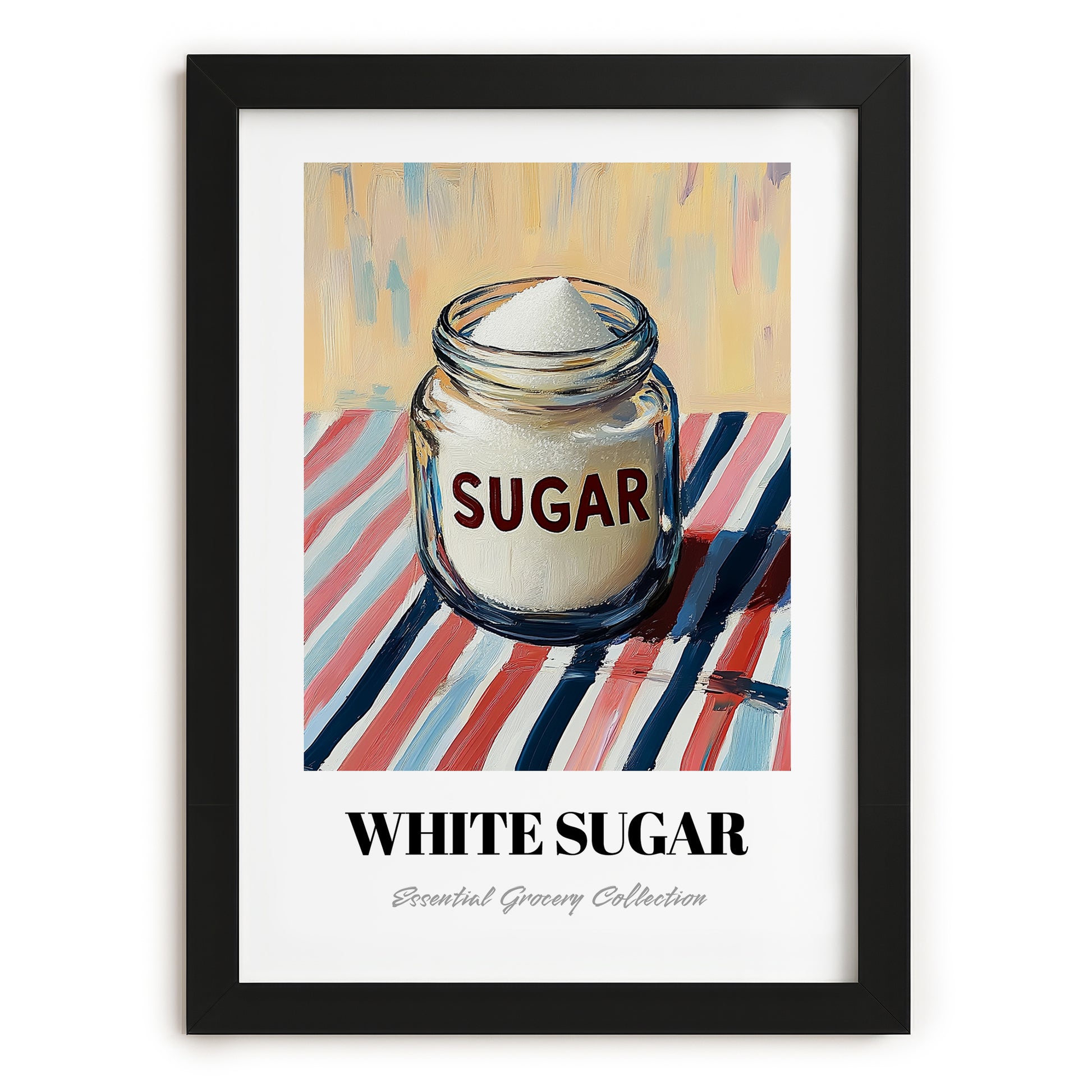 White Sugar – on Striped Tablecloth, Sweetener Still Life, in sleek black frame