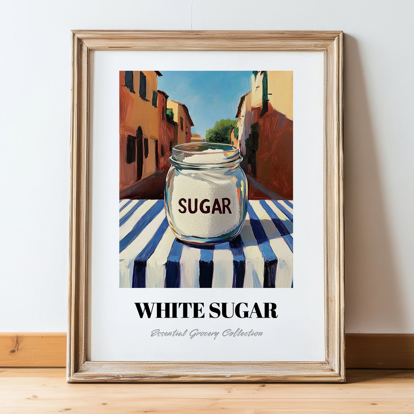 White Sugar – Italian Café on the Corner, Sweetener Poster, in wooden frame leaning on the floor