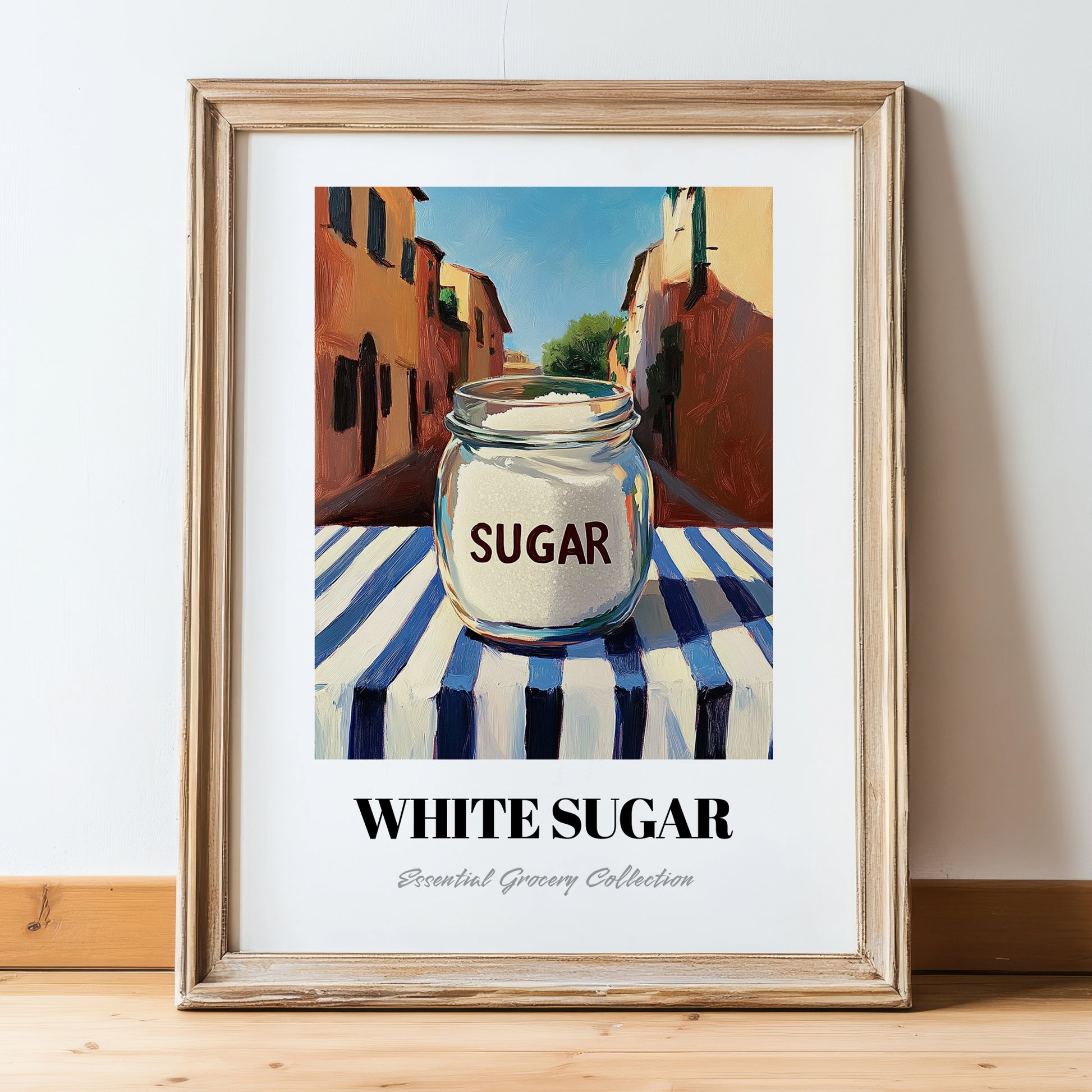 White Sugar – Italian Café on the Corner, Sweetener Poster, in wooden frame leaning on the floor