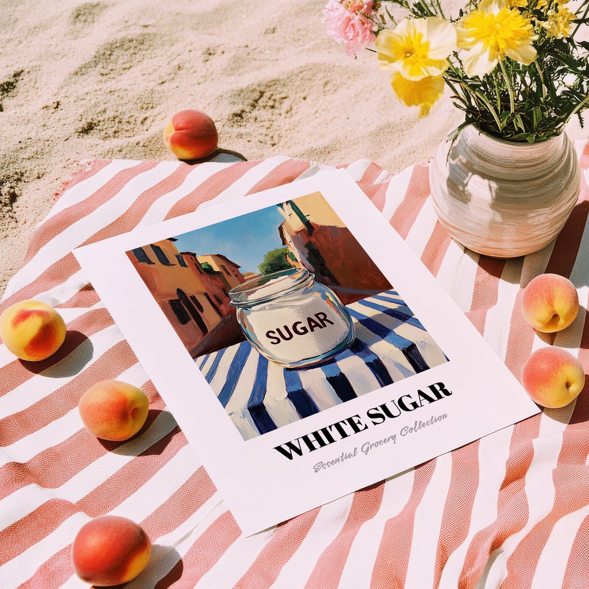 White Sugar – Italian Café on the Corner, Sweetener Poster, unframed on coastal sand