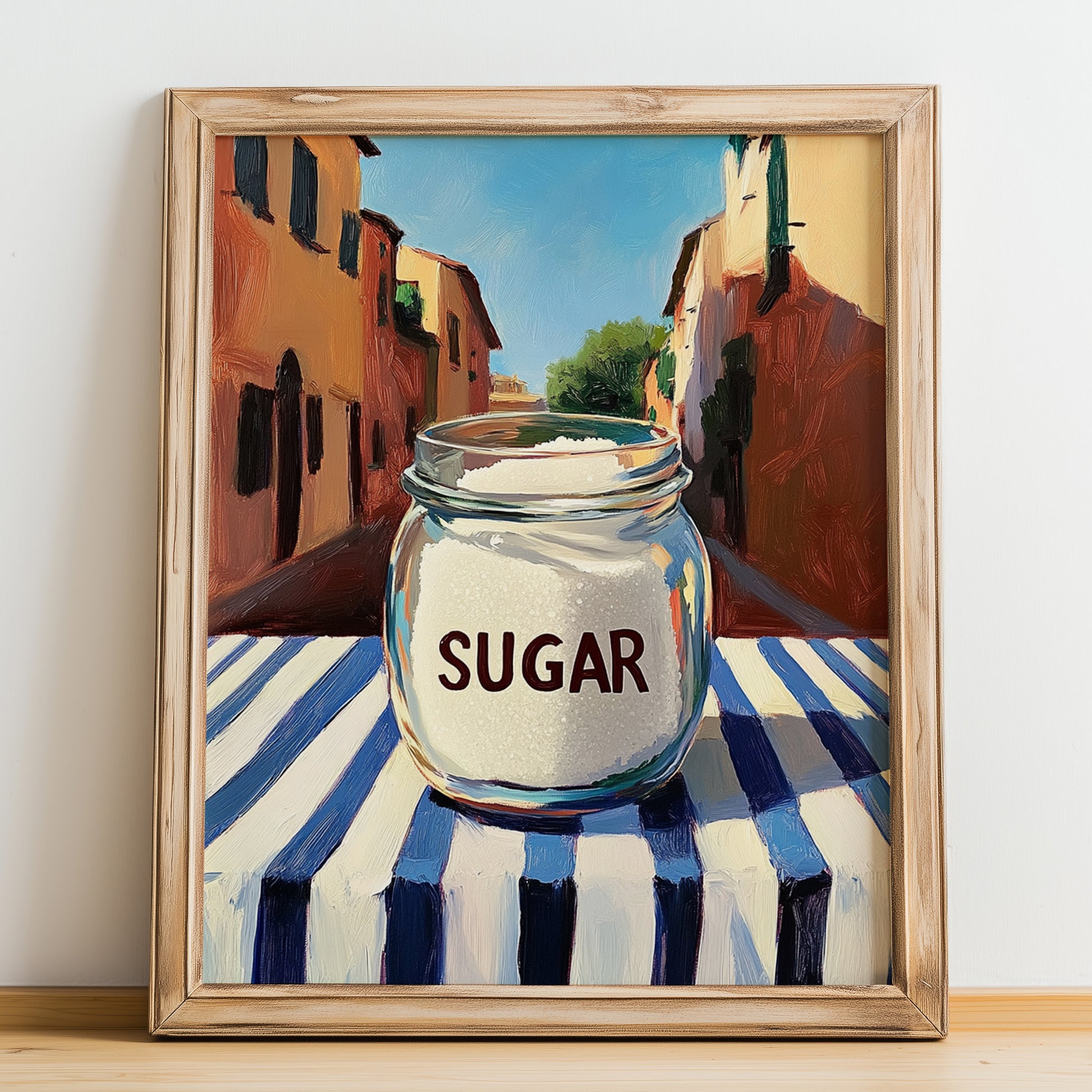 White Sugar – Italian Café on the Corner, Sweetener Poster, no-text version framed in wood