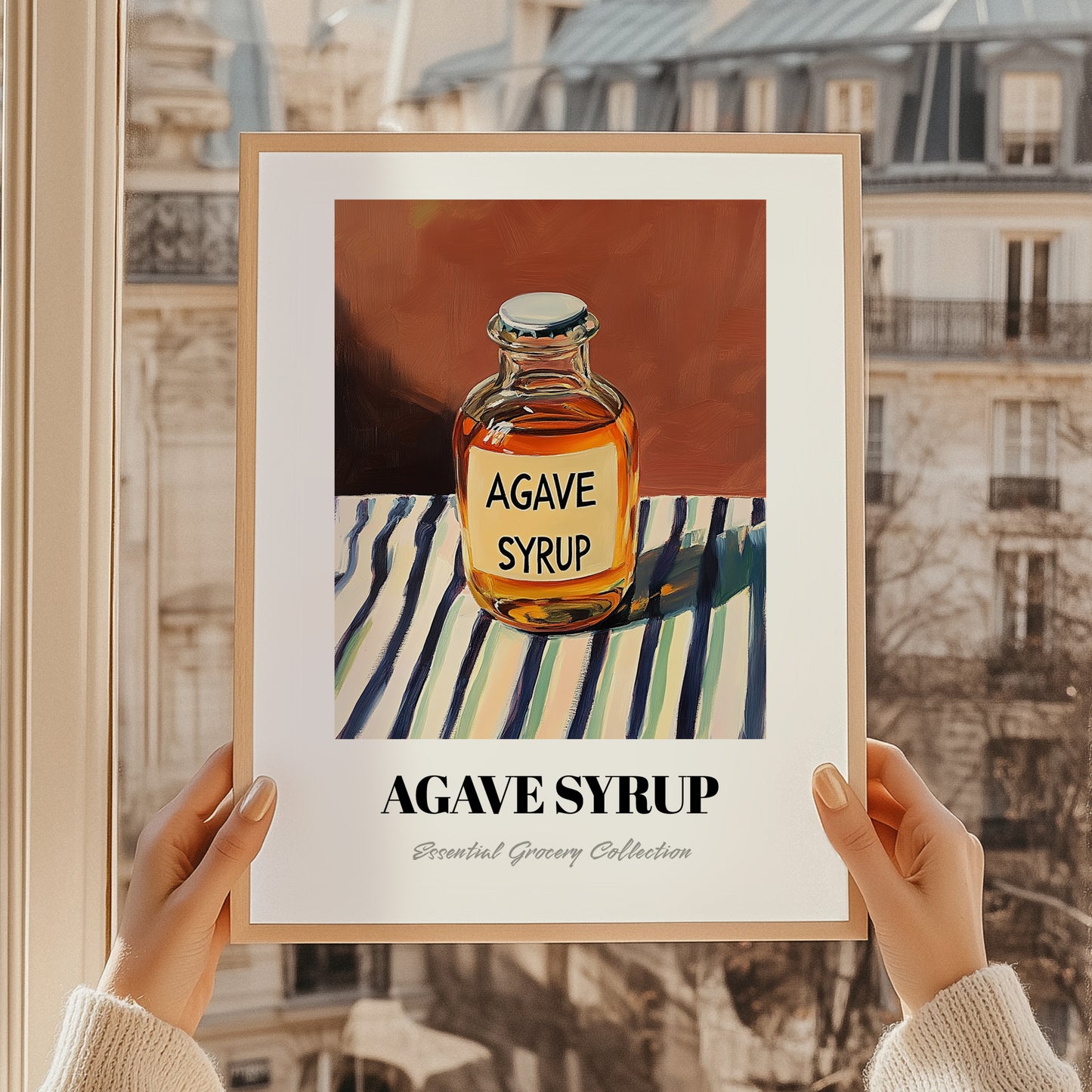 Agave Syrup – on Striped Tablecloth, Sweetener Painting, styled in a charming Paris street view