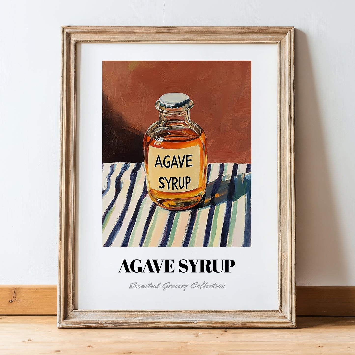 Agave Syrup – on Striped Tablecloth, Sweetener Painting, in wooden frame leaning on the floor