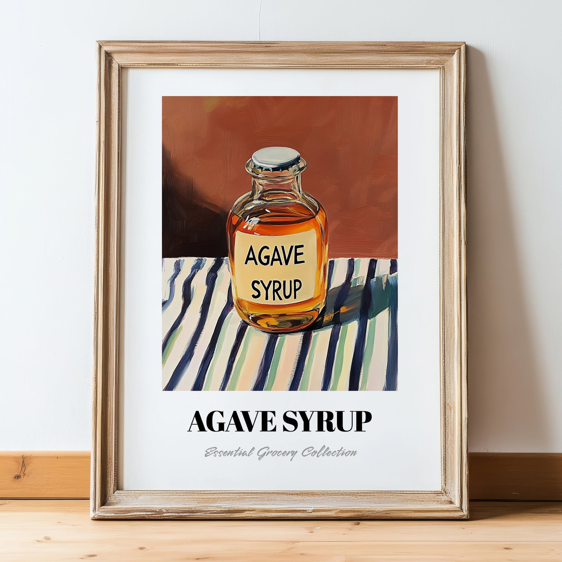 Agave Syrup – on Striped Tablecloth, Sweetener Painting, in wooden frame leaning on the floor