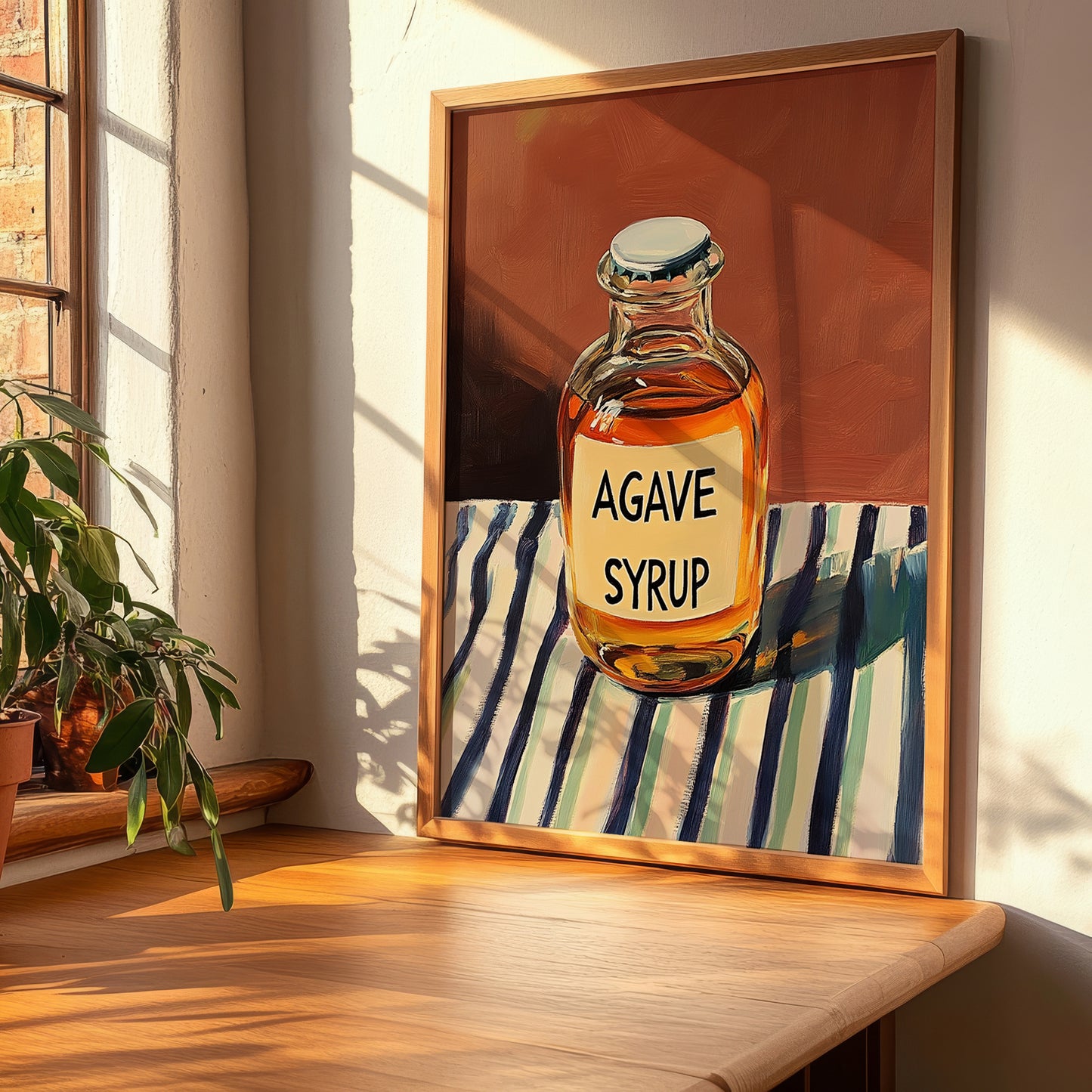 Agave Syrup – on Striped Tablecloth, Sweetener Painting, clean layout with no caption