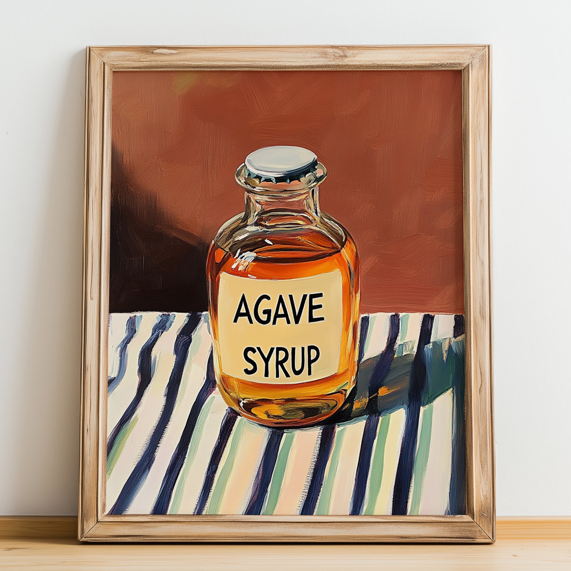 Agave Syrup – on Striped Tablecloth, Sweetener Painting, no-text version framed in wood