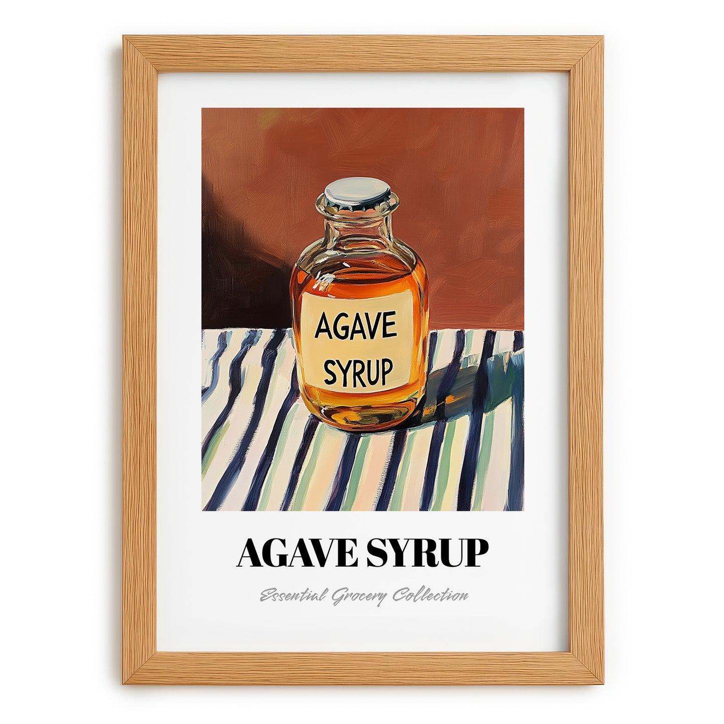 Agave Syrup – on Striped Tablecloth, Sweetener Painting, set in oak frame