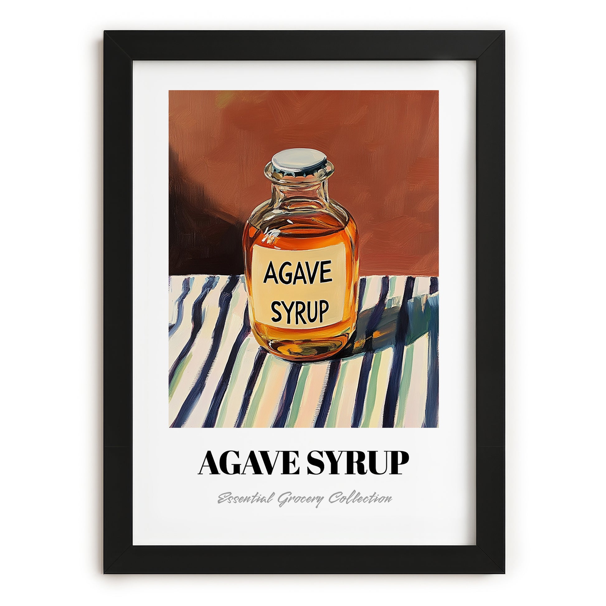 Agave Syrup – on Striped Tablecloth, Sweetener Painting, in sleek black frame