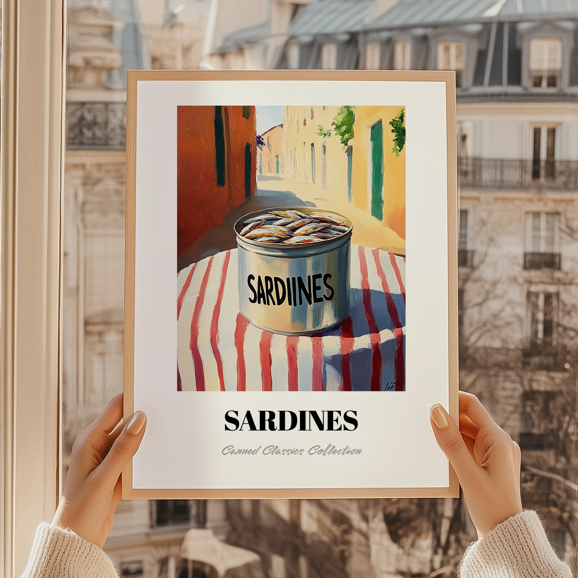 Sardines – Italian Outdoor Café Scene, Canned Food Illustration, styled in a charming Paris street view