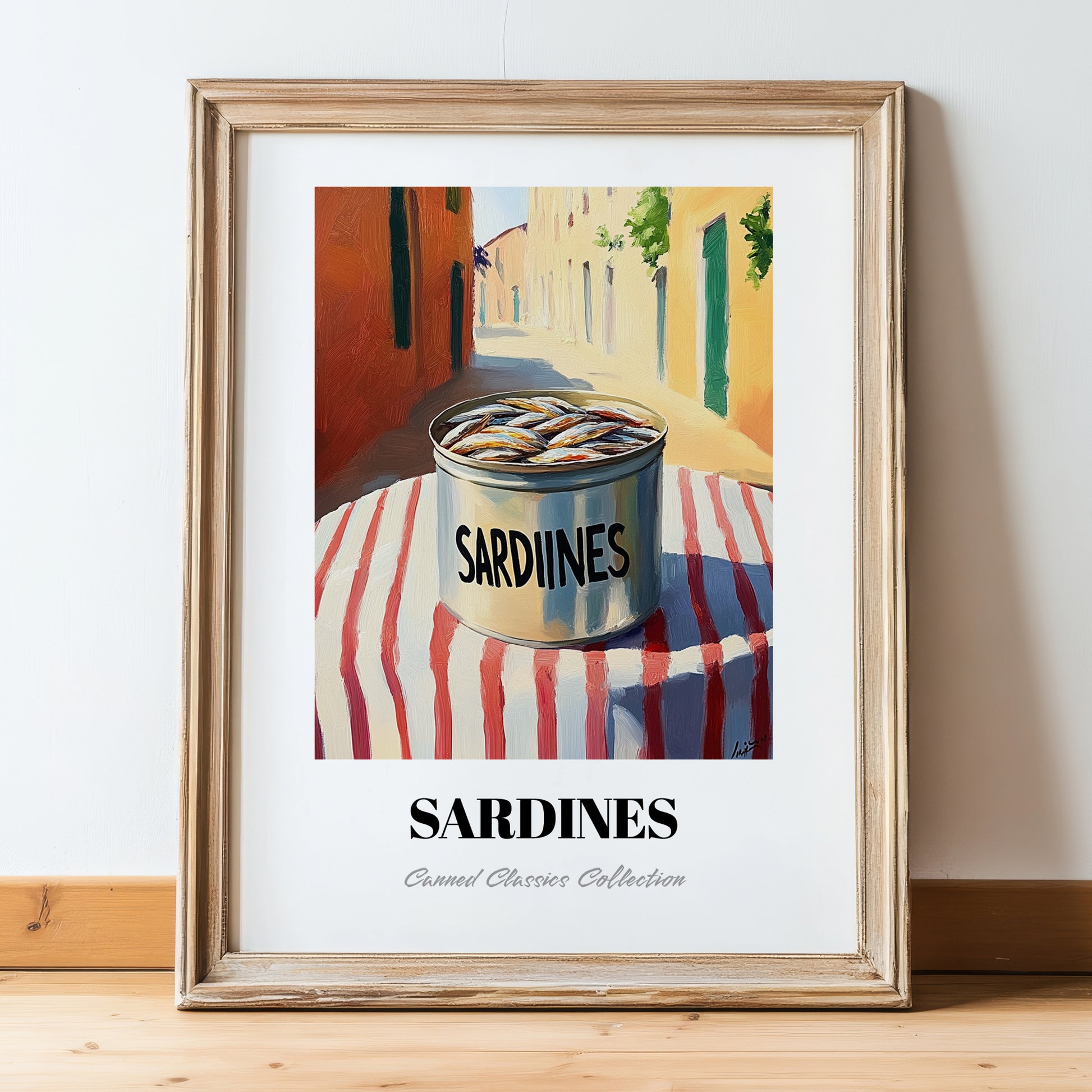 Sardines – Italian Outdoor Café Scene, Canned Food Illustration, in wooden frame leaning on the floor