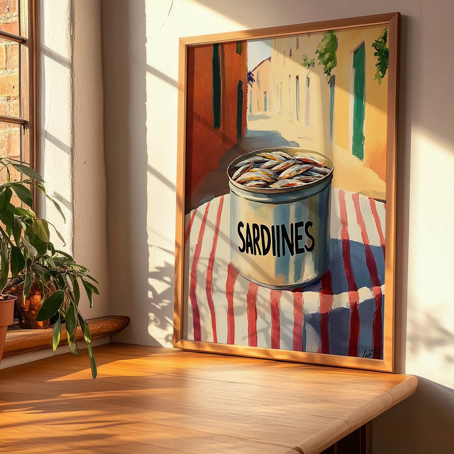 Sardines – Italian Outdoor Café Scene, Canned Food Illustration, clean layout with no caption