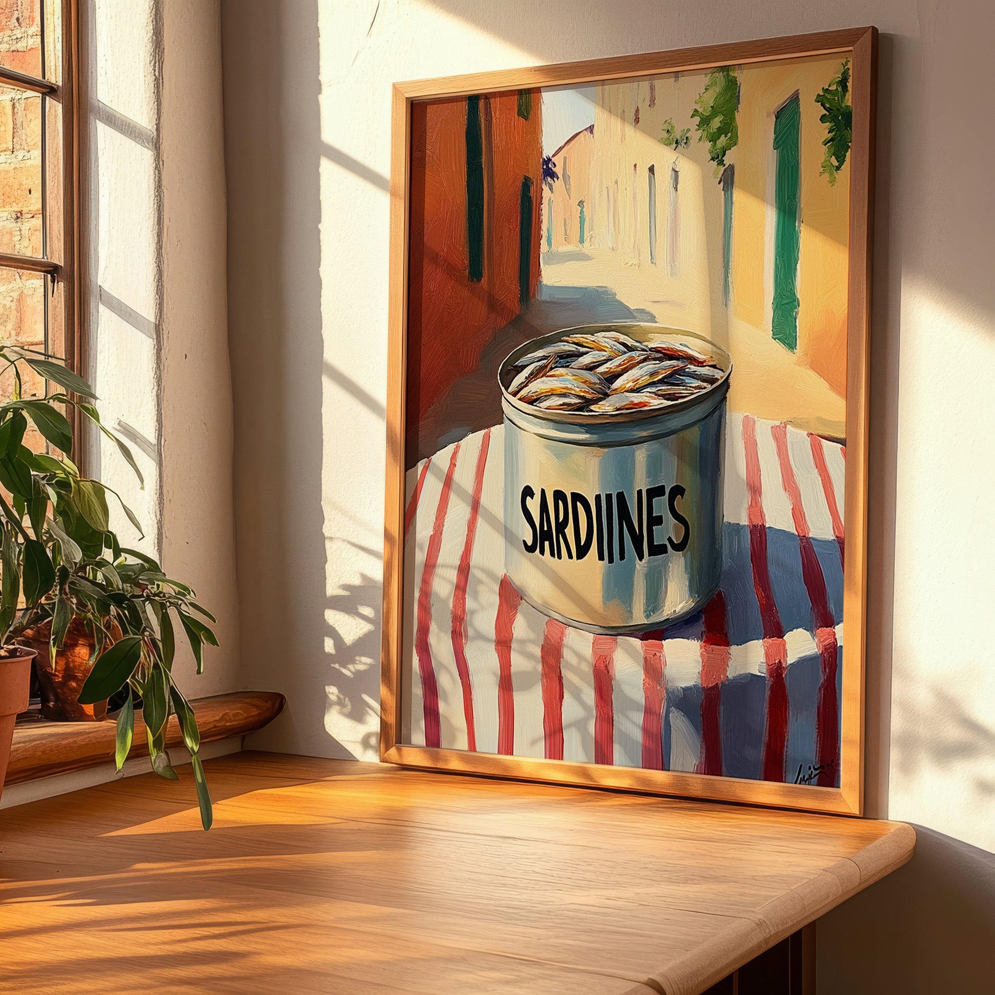Sardines – Italian Outdoor Café Scene, Canned Food Illustration, clean layout with no caption