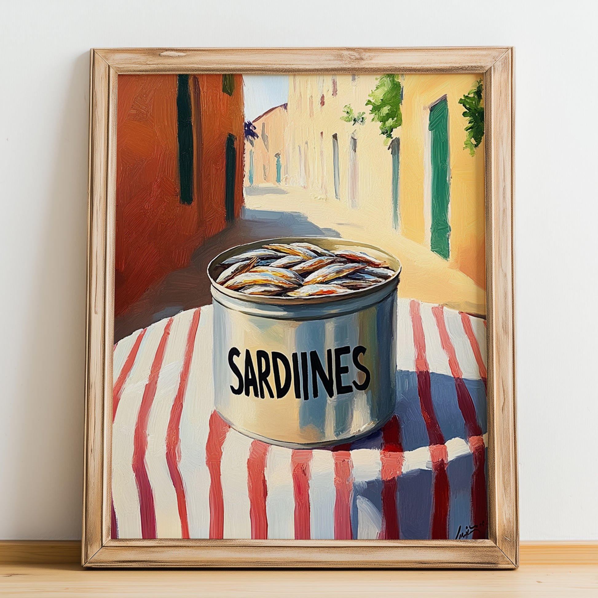 Sardines – Italian Outdoor Café Scene, Canned Food Illustration, no-text version framed in wood