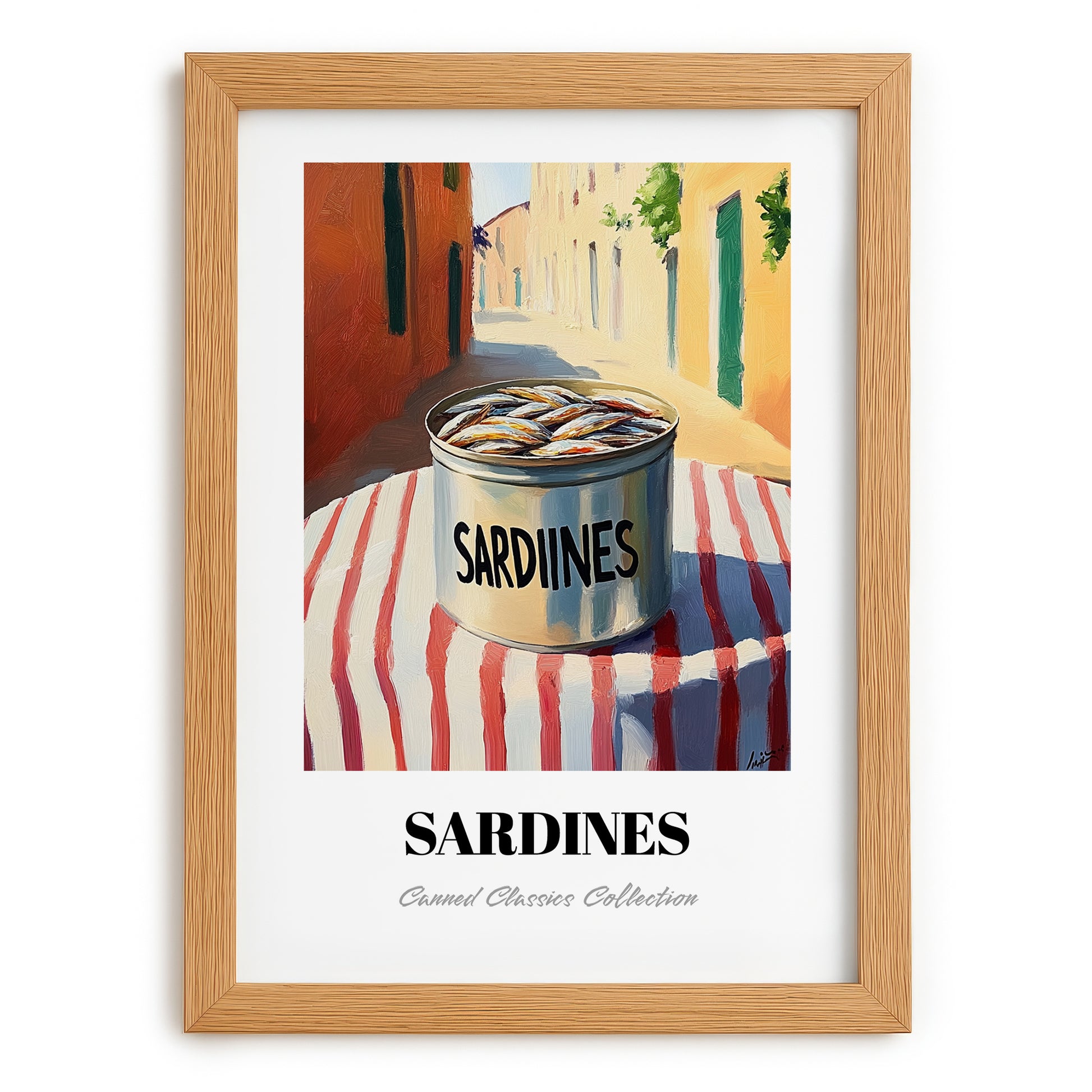 Sardines – Italian Outdoor Café Scene, Canned Food Illustration, set in oak frame