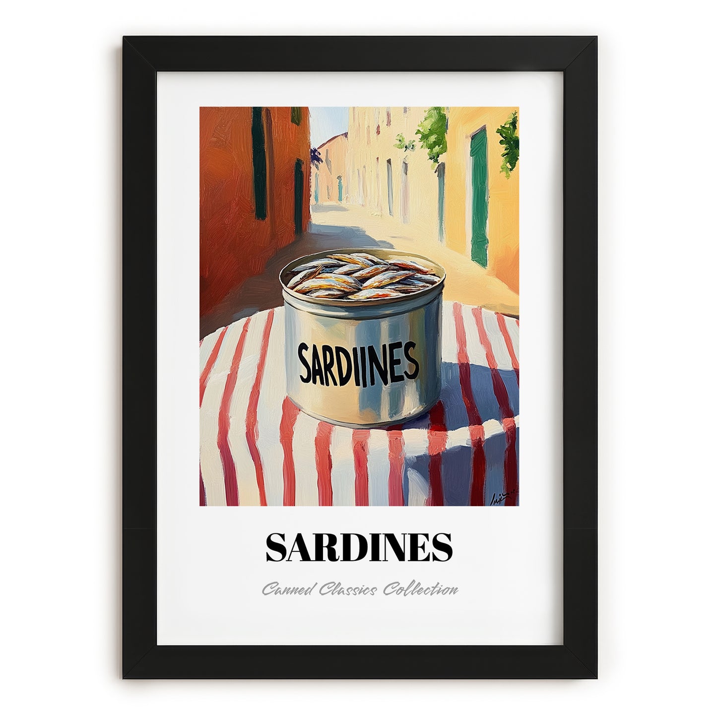 Sardines – Italian Outdoor Café Scene, Canned Food Illustration, in sleek black frame