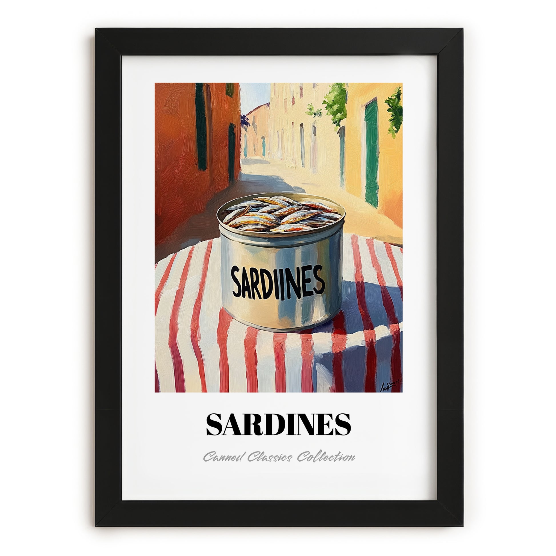 Sardines – Italian Outdoor Café Scene, Canned Food Illustration, in sleek black frame