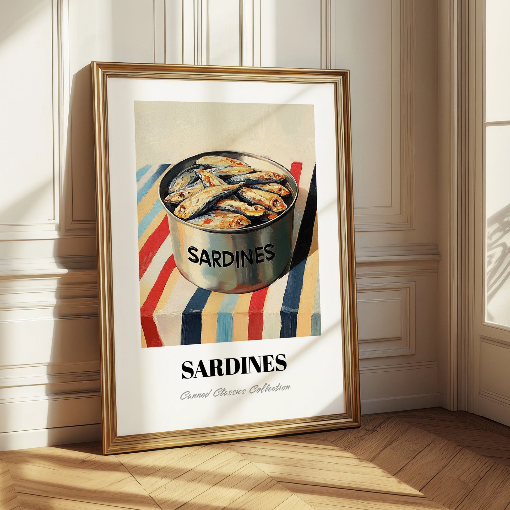 Sardines – on Striped Tablecloth, Canned Food Painting