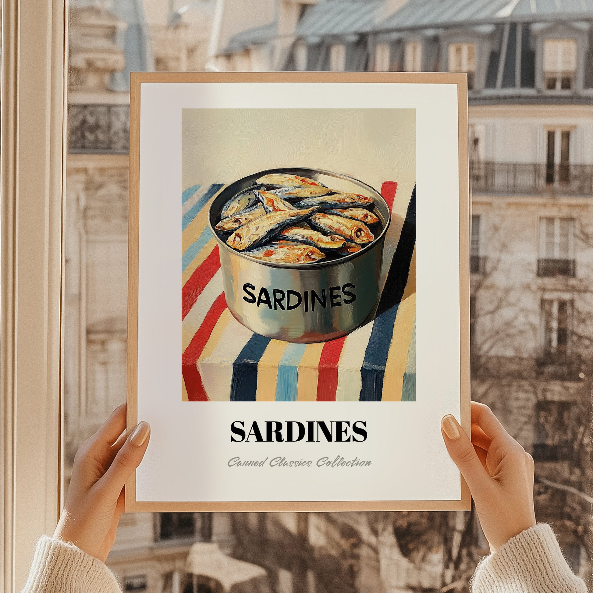 Sardines – on Striped Tablecloth, Canned Food Painting, styled in a charming Paris street view