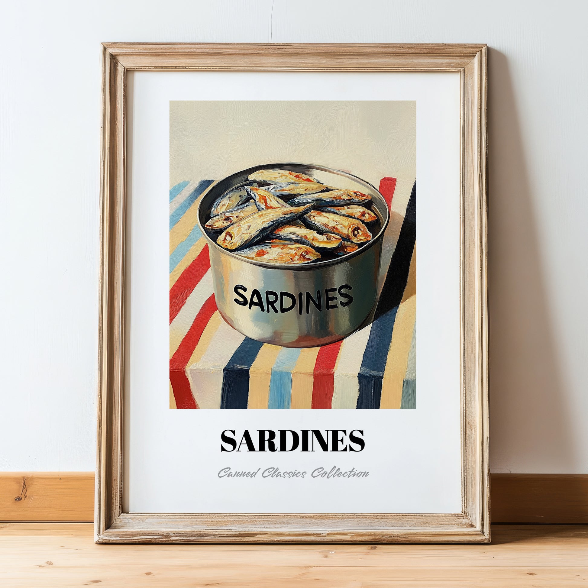 Sardines – on Striped Tablecloth, Canned Food Painting, in wooden frame leaning on the floor