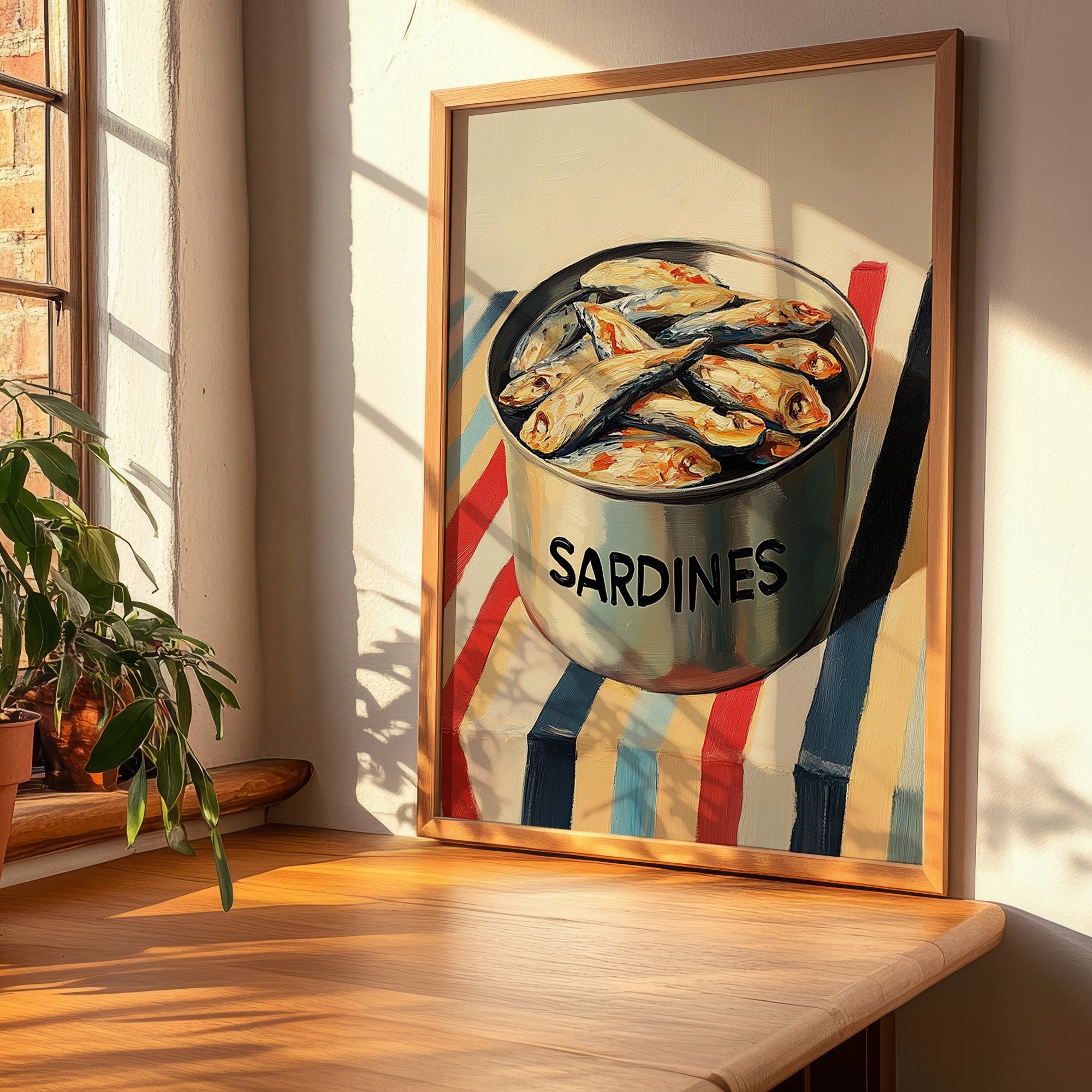 Sardines – on Striped Tablecloth, Canned Food Painting, clean layout with no caption