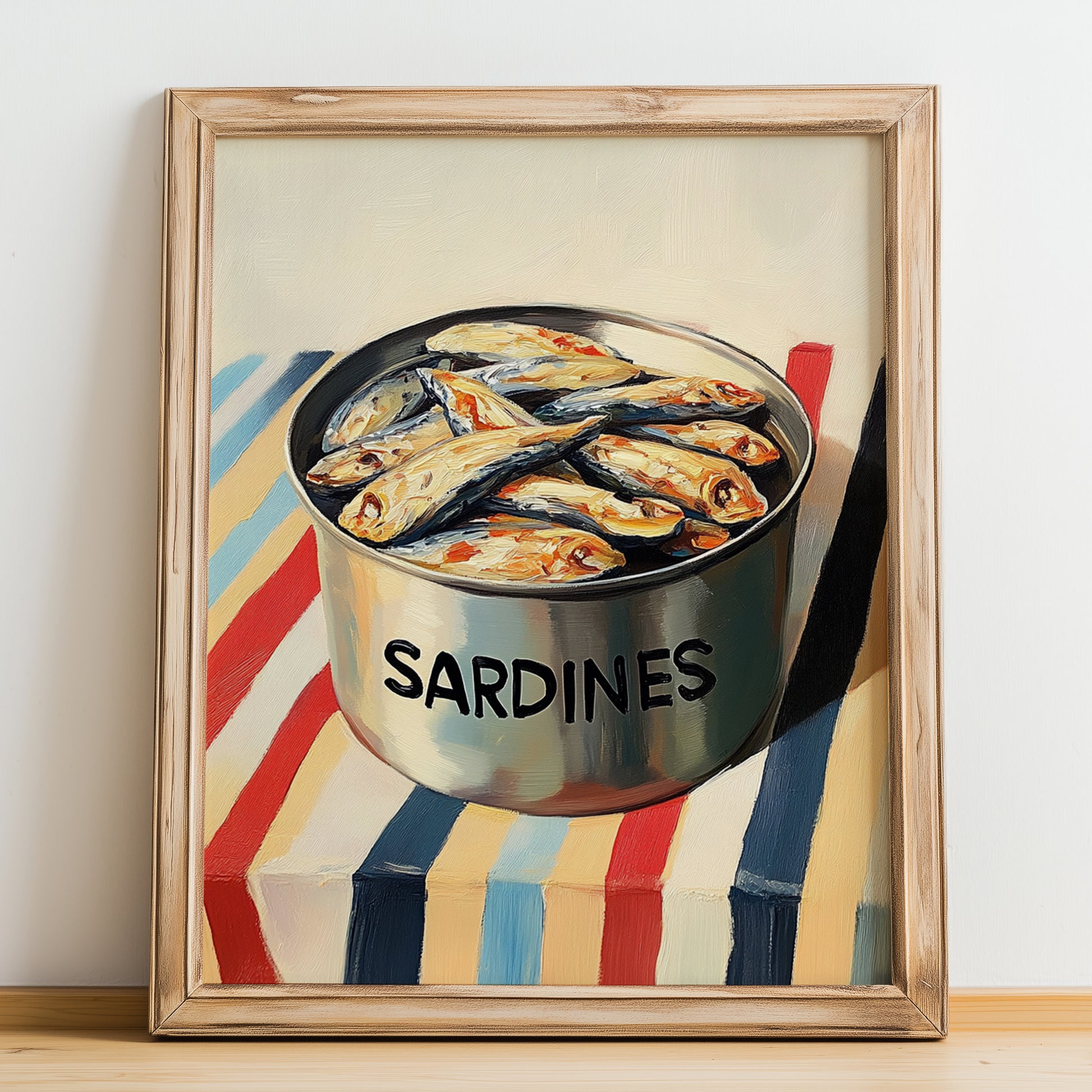 Sardines – on Striped Tablecloth, Canned Food Painting, no-text version framed in wood