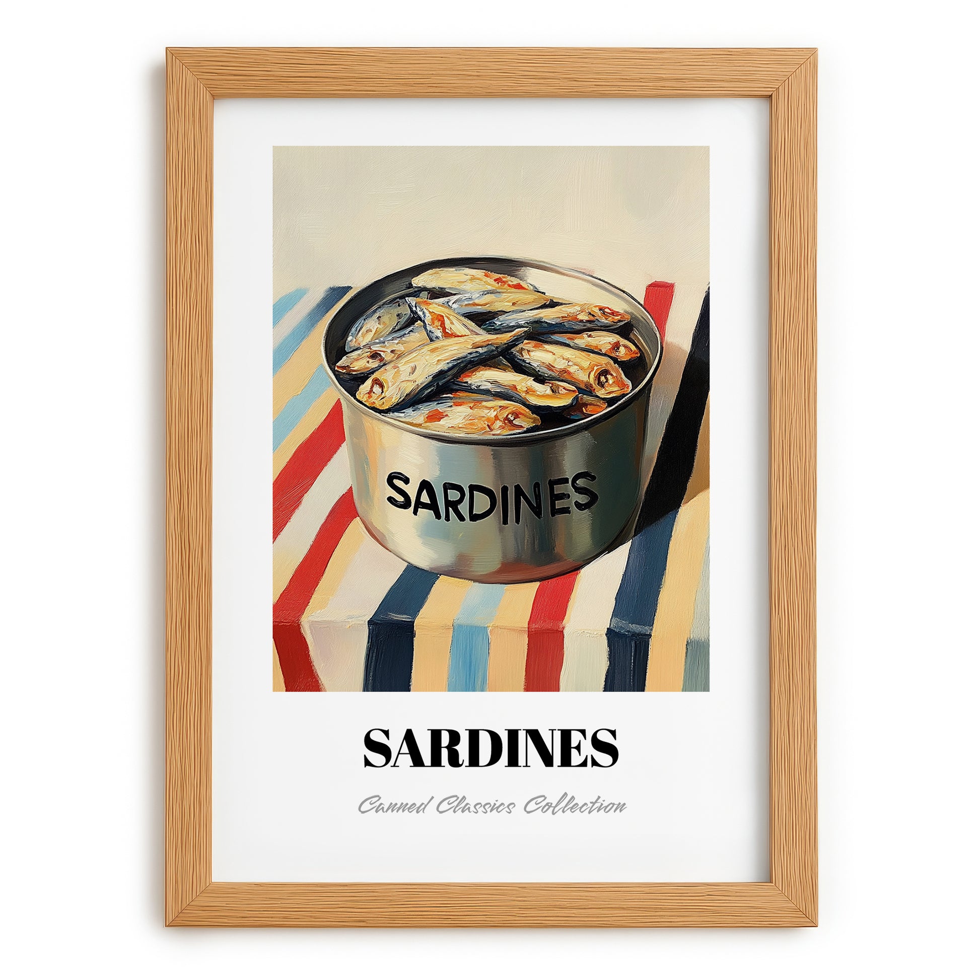 Sardines – on Striped Tablecloth, Canned Food Painting, set in oak frame