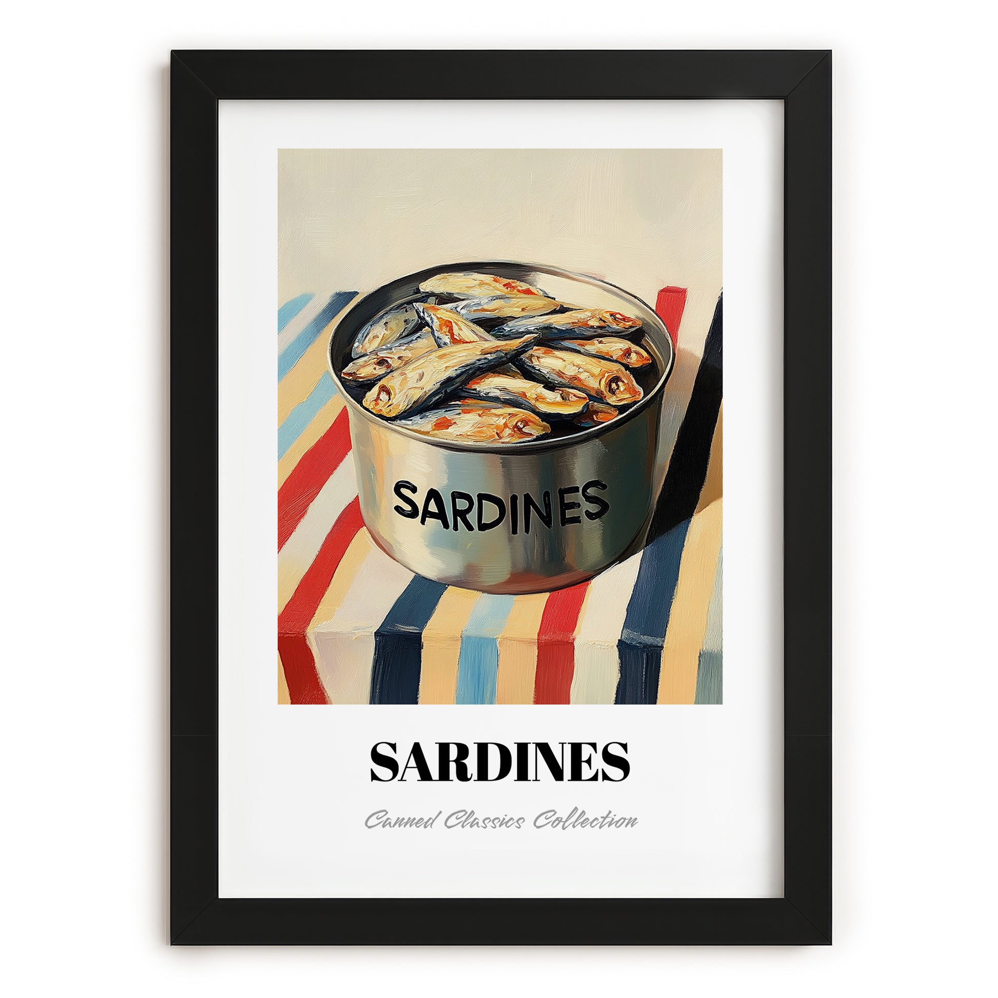 Sardines – on Striped Tablecloth, Canned Food Painting, in sleek black frame