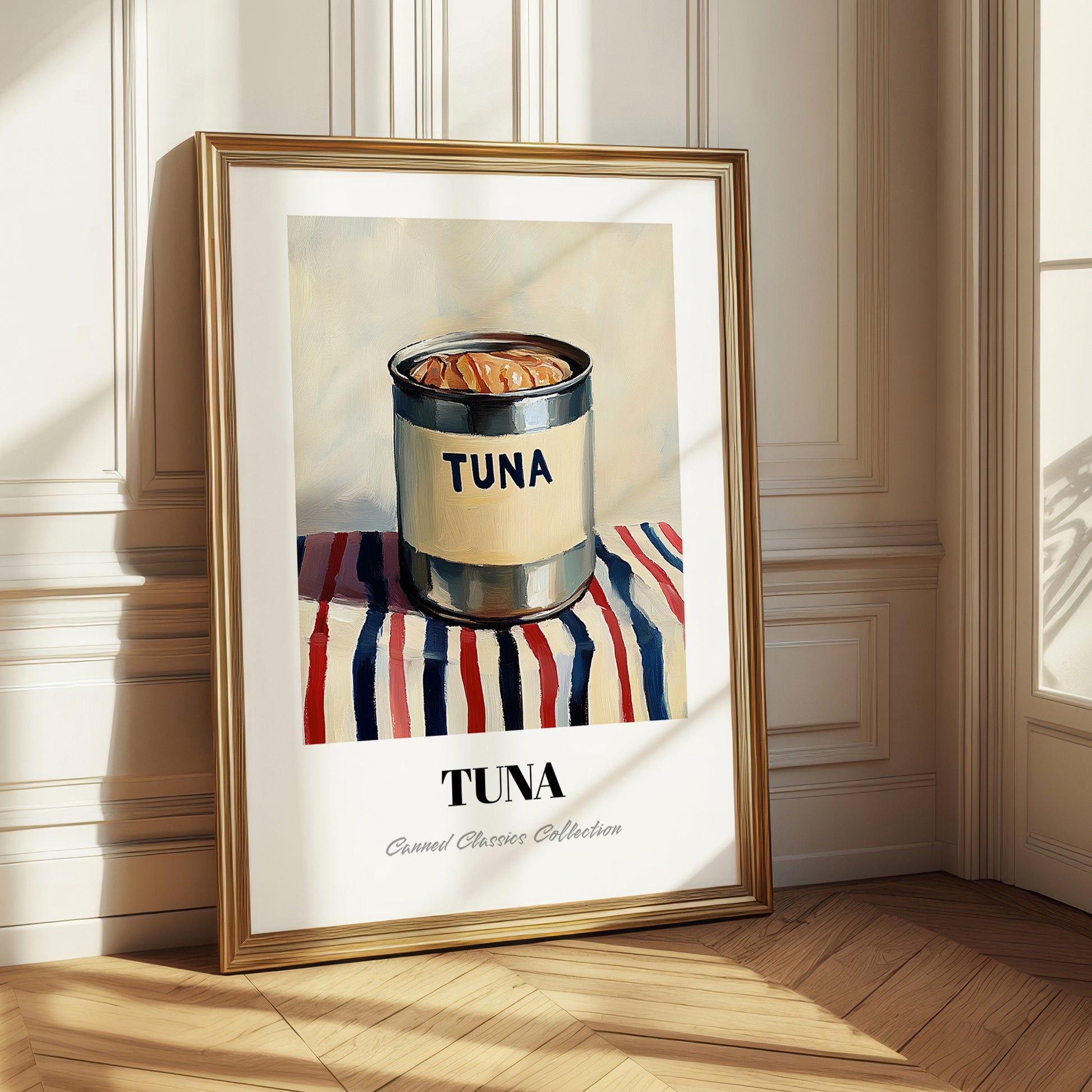 Tuna – on Striped Tablecloth, Canned Food Still Life