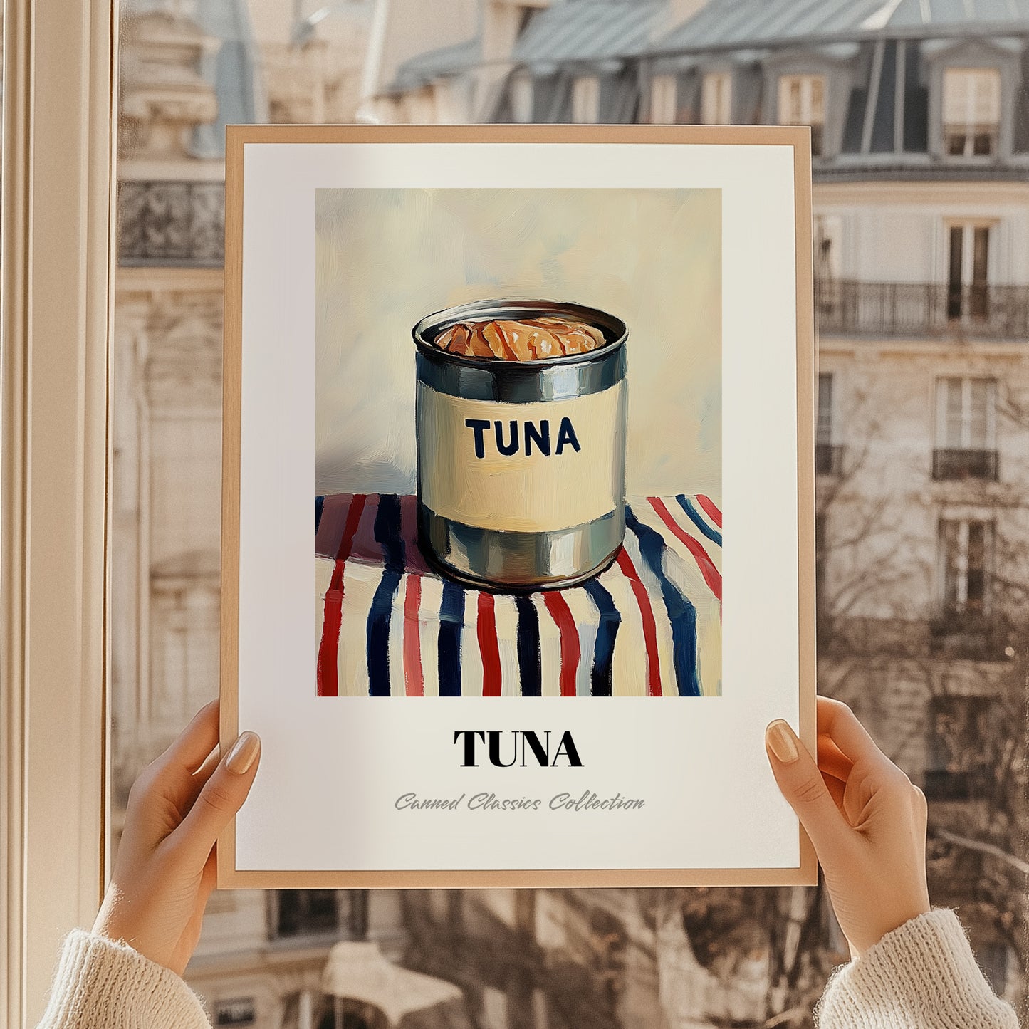 Tuna – on Striped Tablecloth, Canned Food Still Life, styled in a charming Paris street view